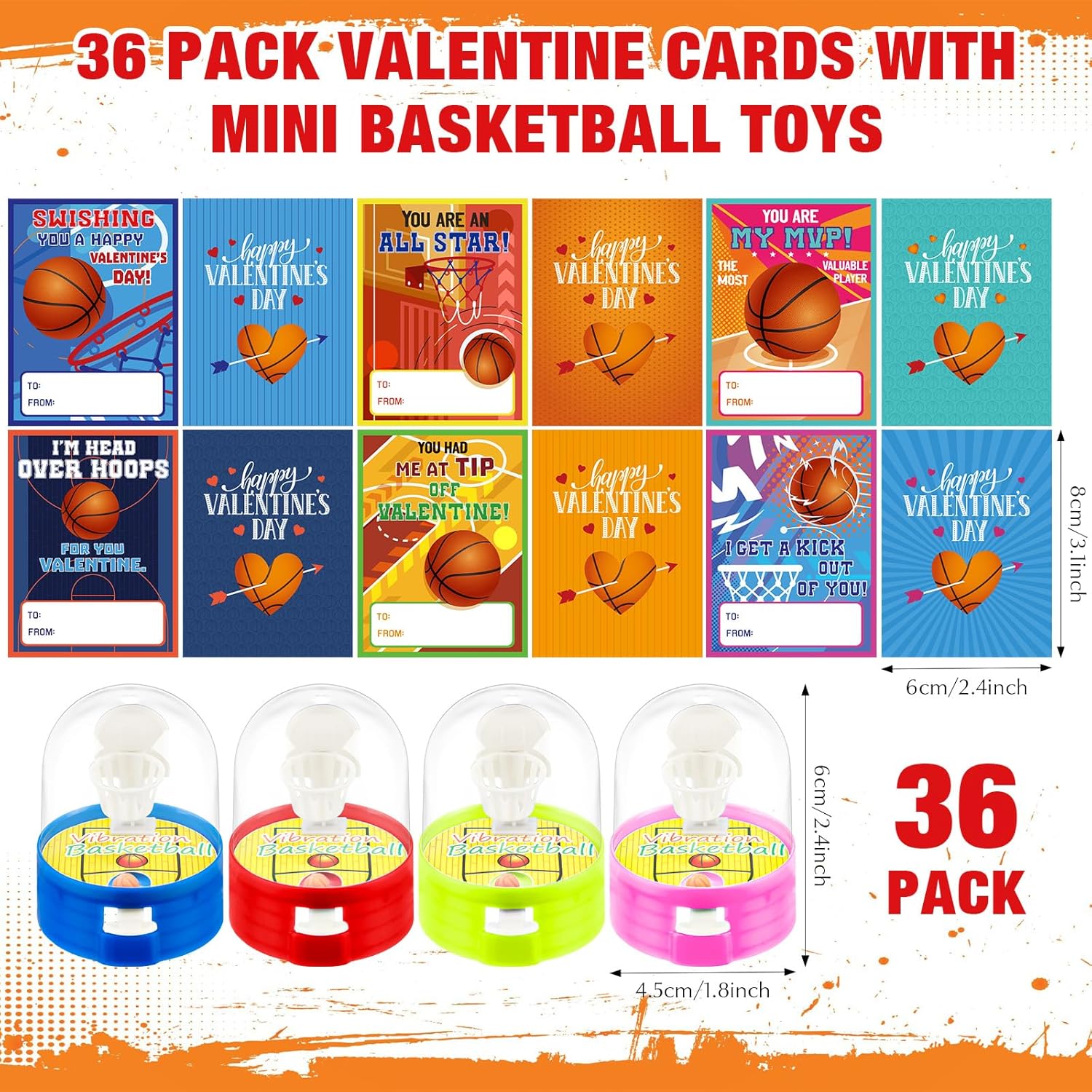 Capoda 36 Pack Valentines Day Gifts with Mini Basketball Shooting Games Sports Gift Cards Finger Basketball Toy Valentine's Exchange Greeting Cards for Classroom School Valentines Party Favors