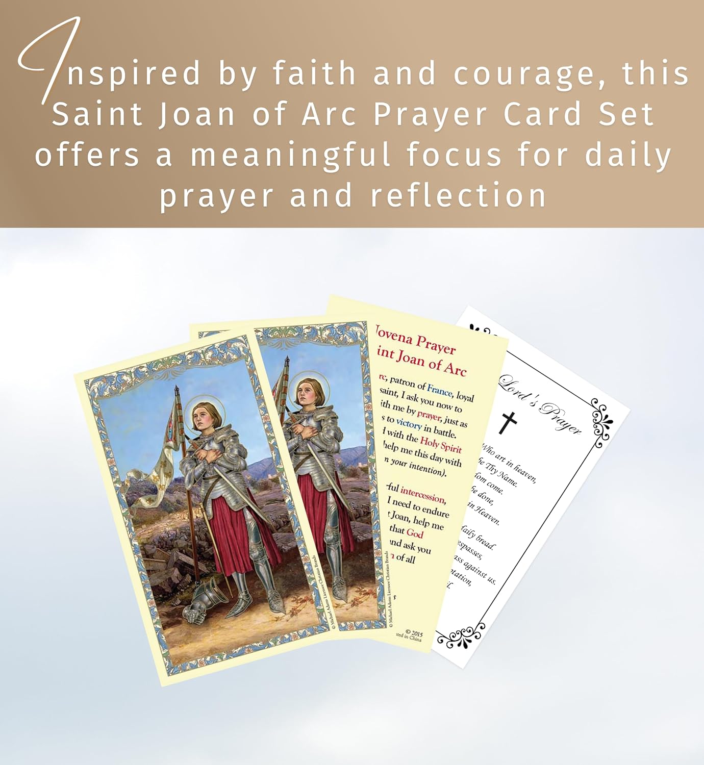 Trendzeen St Joan Arc Card - 3 Laminated Gold Foil Stamped St Joan Arc Prayer Card, Our Father Prayer Card - Joan Arc Holy Card Novena Prayer Set, Total 4 Items