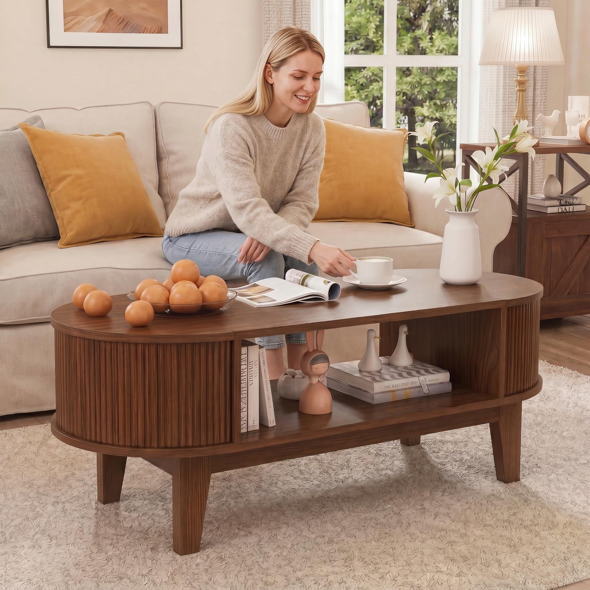 MEXUS Table Basse, Ovale Bois Table Basses, 2 Compartiment Rangement Caché Table Basses, Coffee Table Noyer, Applicable à Ranger Divers Objets, Servir D'espace Bureau Temporaire Décorer Salon
