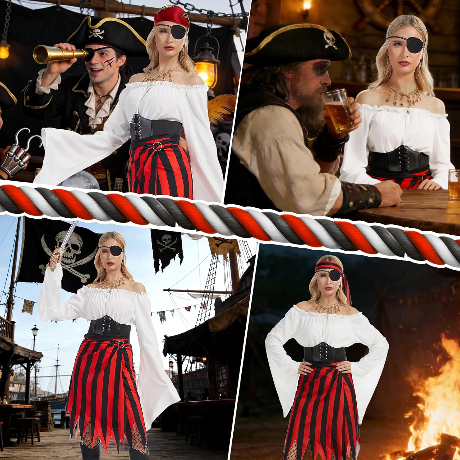 Women Pirate Costume Adult Pirate Skirt Set with Head Scarf Eye Patch Skeleton Necklace for Halloween Cosplay - Image 6