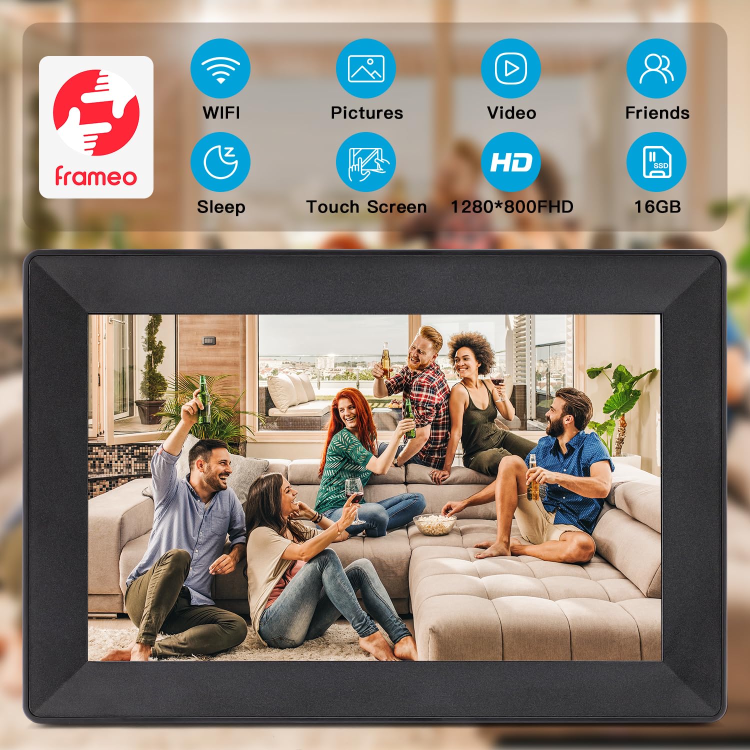 Frameo Cadre Photo Numérique WiFi 10.1 Pouces Cadre Photo Numérique HD IPS 1280x800 Pouces, Affichage Tactile Electronique, 32 Go de Mémoire, Rotation Automatique, Montage Mural