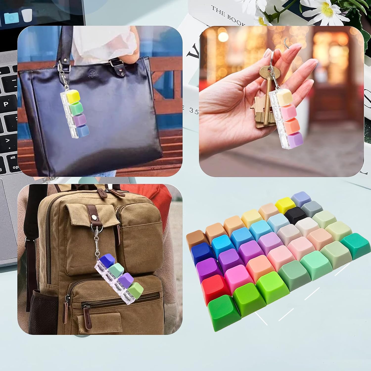 4-in-1 Keyboard Fidget Toy with 35 Colorful Removable Keycaps, Clicker Fidget Keychain for Adults Stress Relief & Anxiety, Office Travel School Home (2-Pack)