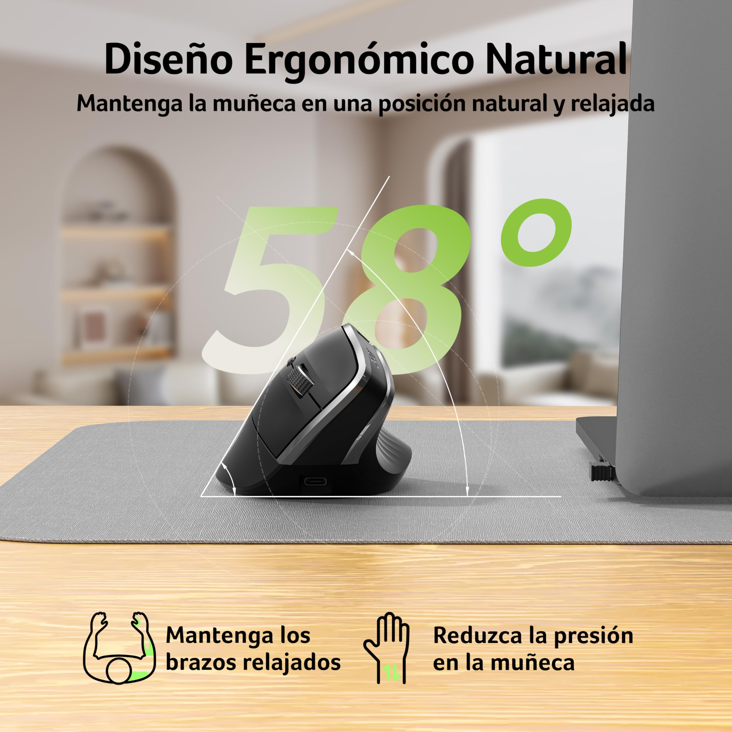 Acer Ratón Ergonómico 2.4G, Ratón Vertical Inalámbrico 1600 dpi | Wireless Mouse Recargable con Receptor USB-A para PC y Portátiles, Compatible con Windows, macOS, Linux, etc.