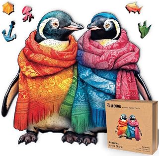 LEOGOR Wooden Jigsaw Puzzle for Adults Penguins Arctic Charm 350 Pieces Large 16.7 x 14.9 in Premium 5mm Wood Animal Puzzles Hand Drawn Mindful Collector Decor