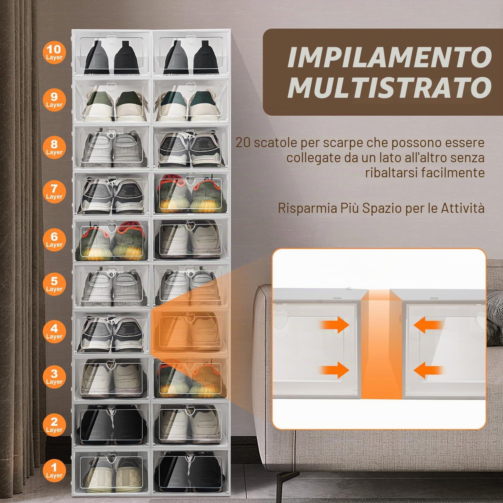 20 scatole per scarpe, in plastica trasparente, pieghevoli, impilabili, organizer per scarpe, contenitori per armadio, camera da letto, piccoli spazi (bianco)