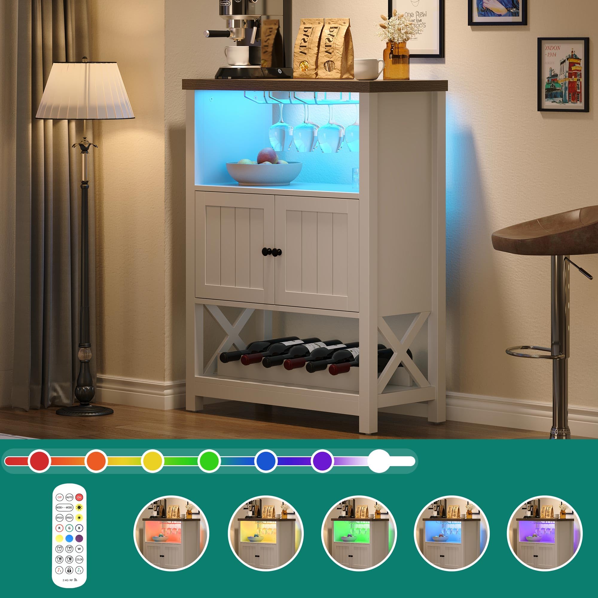 YITAHOME Farmhouse Coffee Bar with Doors and Lights, White