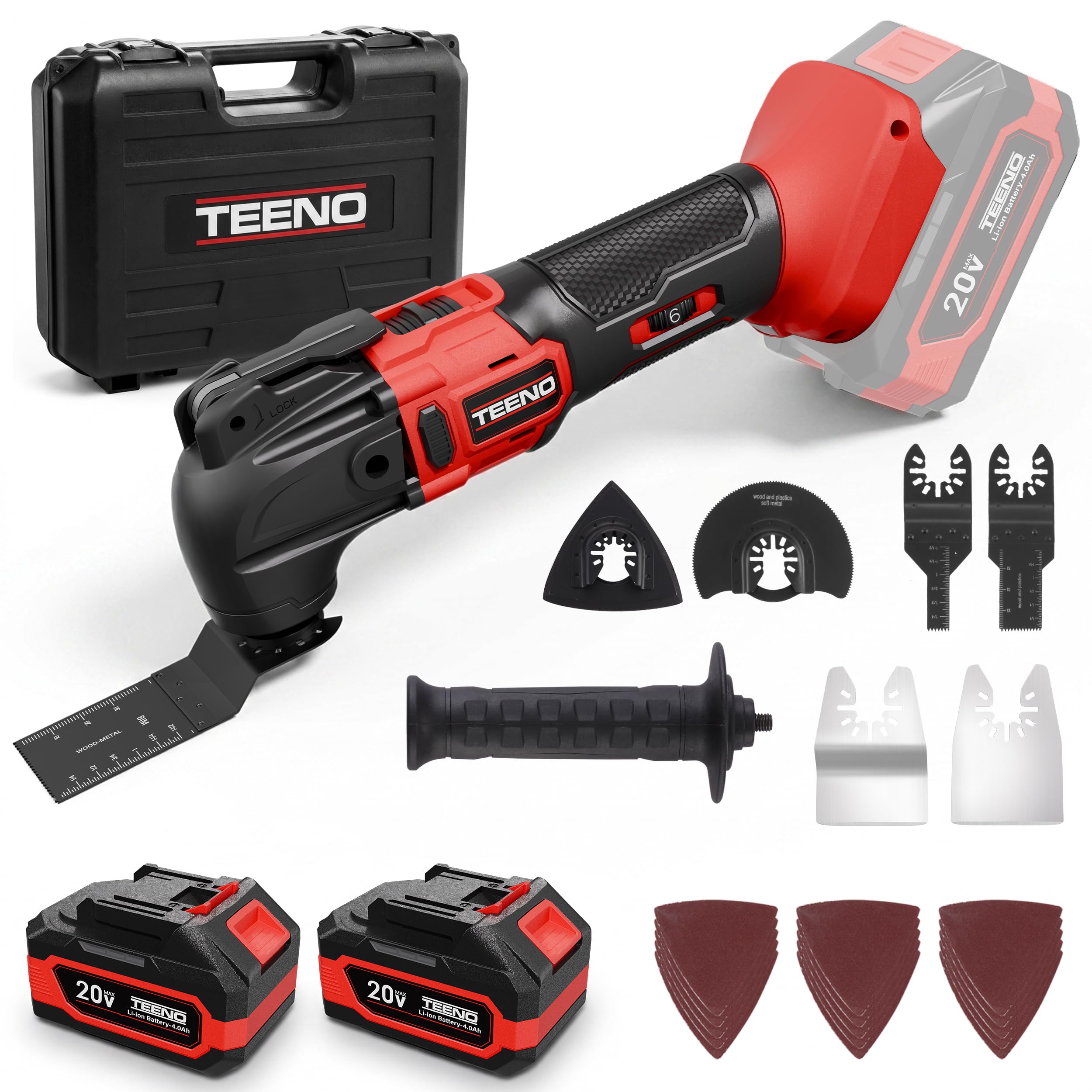 Strumento multifunzione oscillante senza fili 20 V, Brushless Strumento multifunzione senza fili con 6 velocità, 2 x 4.0 A batterie, 8500-21000 giri/min, caricabatterie, angolo oscillante 4°, per