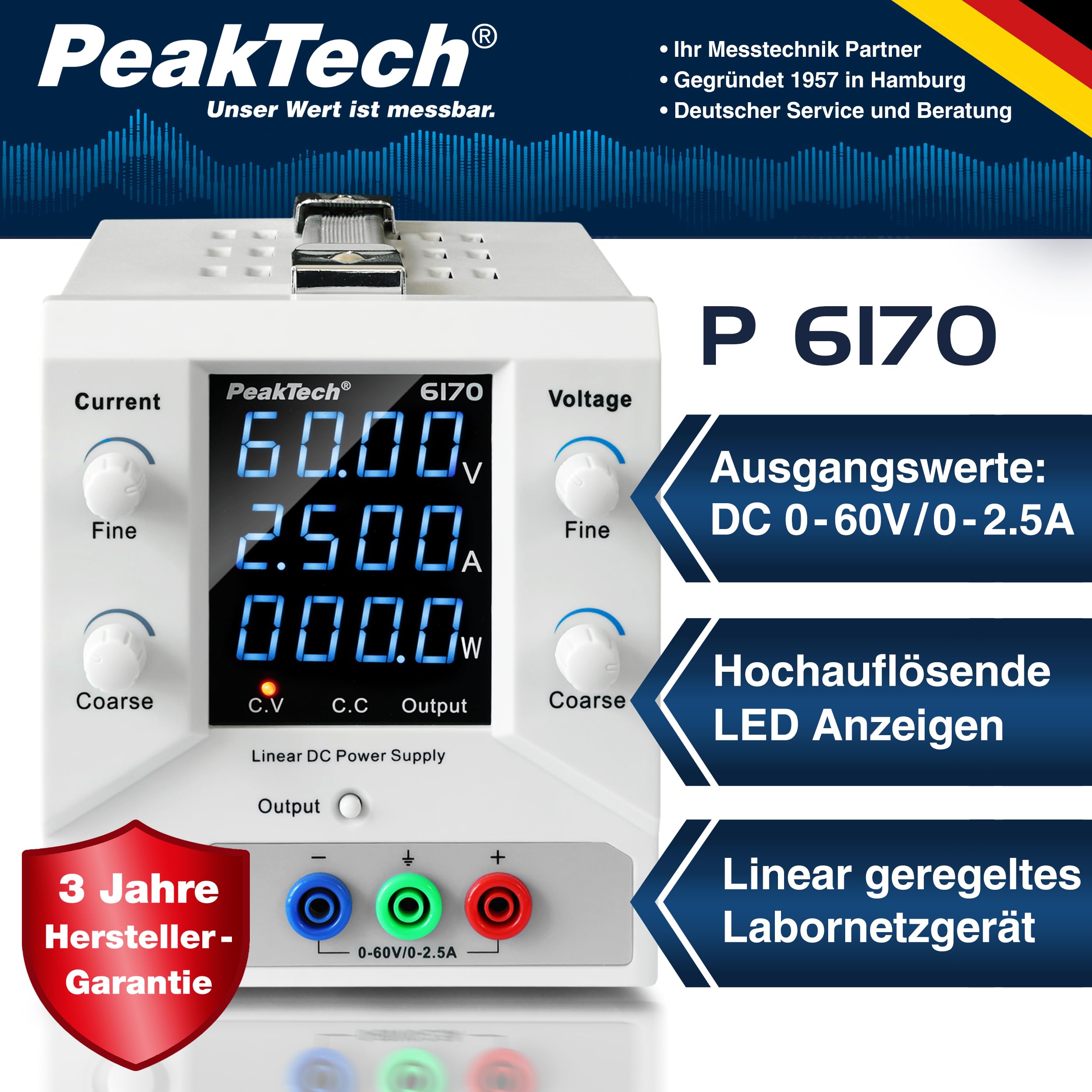 PeakTech 6170 - Alimentatore da laboratorio 0-60 V/0-2,5 A DC SELV lineare con trasformatore di separazione, alimentatore di rete da laboratorio