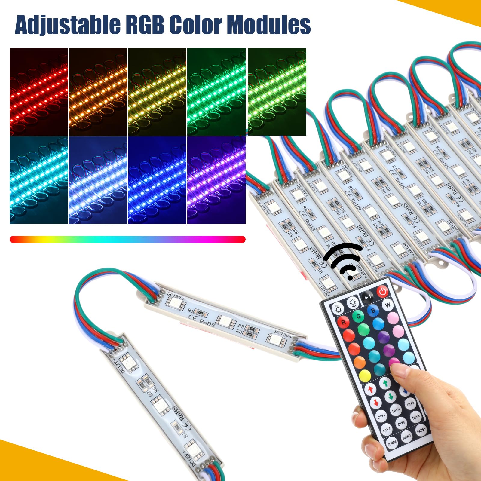 Retisee Paquete de 15 módulos LED de 50 pies con control remoto, 3 LED 5050 RGB, tira de luz multicolor, impermeable, luces de camión de alimentos para bricolaje, negocios, publicidad comercial al