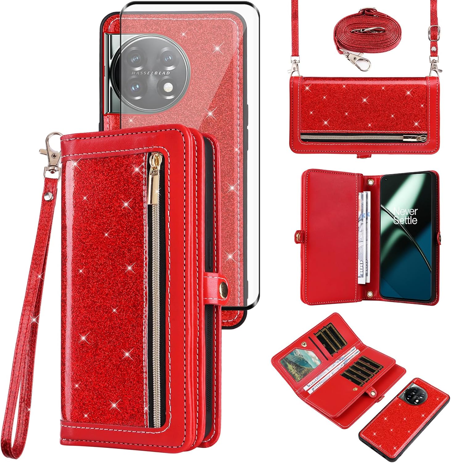 Asuwish Compatible with OnePlus 11 5G Wallet Case and Tempered Glass Screen Protector Glitter Leather Flip Cover Zipper Card Holder Cell Phone Cases for One Plus11 1 Plus 1plus11 One+ 1+ Women Red