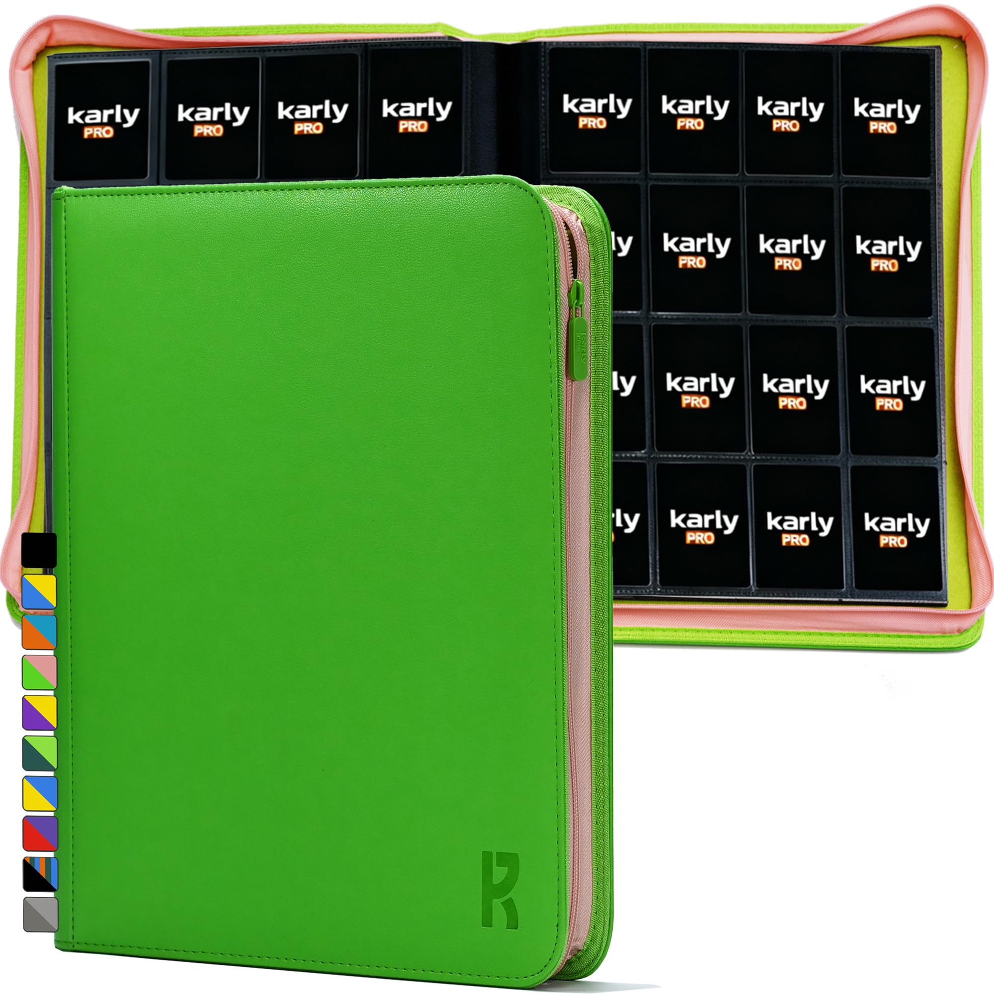 16 Pocket Trading Card Zip Binder, 1000+ Cards,TD-Tec Album Material, 32 Side-Loading Ringless Pages, Folder for Collectible TCG,MTG and More -Grass Green & Pink(LE-100)