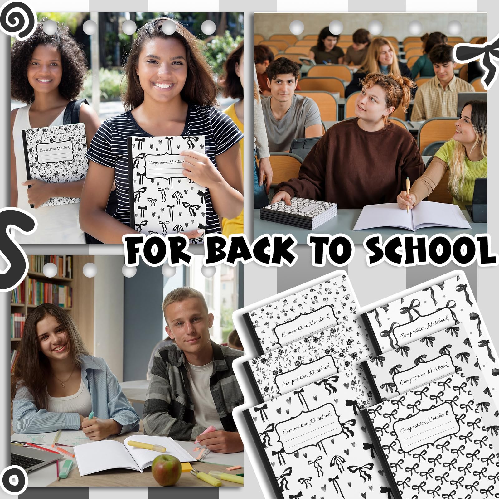 Fullhawl Lot de 6 carnets de composition avec nœud noir, ligné pour l'université, 110 pages, 24,5 x 19,5 cm, joli cadeau pour enseignant, étudiant, premier jour d'école