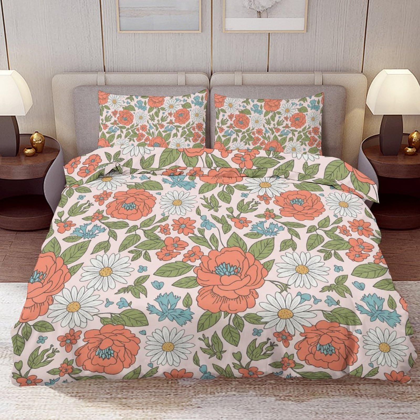 Delerain Comforter Cover Set Queen Size, Vintage Elegant Floral 3-Piece Bedding Set for Women Men Modern Soft Microfiber Bedroom Set Room Decor, 1 Duvet Cover + 2 Pillowcases