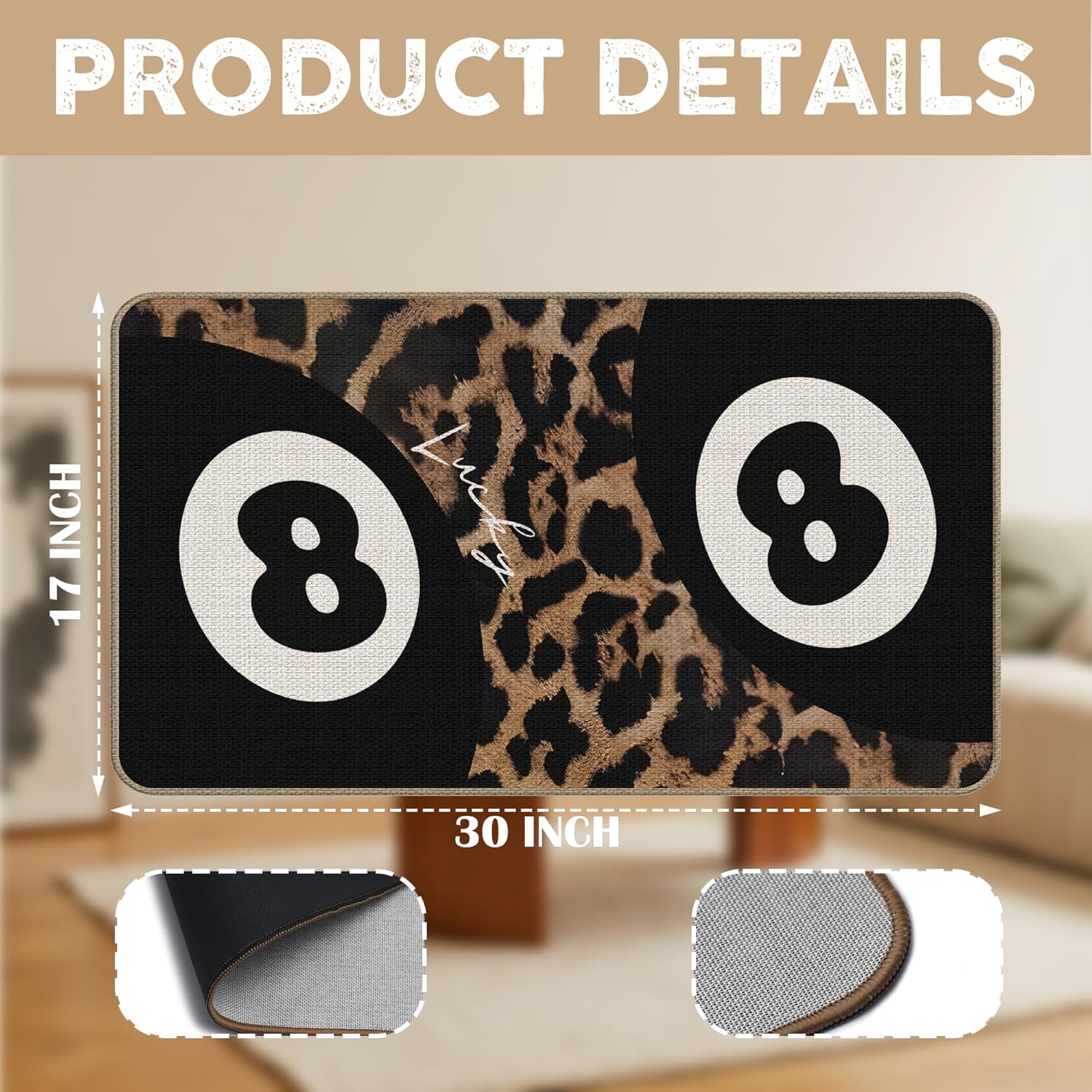 Trendy Cheetah Y2K Lucky Magic 8 Ball Welcome Door Mat 17x30 Inch, Y2K Aesthetic Welcome Mat for Front Door Porch Entryway，Funky Leopard Print Doormat for Indoor Outdoor