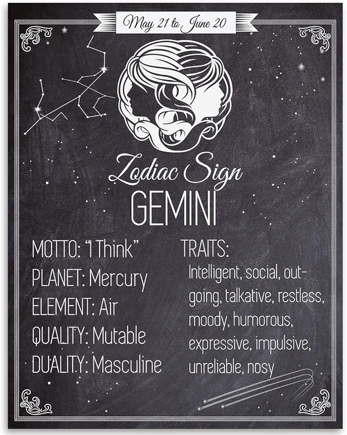 Astrology Posters - Zodiac Sign Gemini, The Twin -11x14 Unframed Art Print - Great Vintage Zodiac Poster, Astrology and Aptitude Vintage Home Wall Decor for Astrology Enthusiasts, Gemini Poster