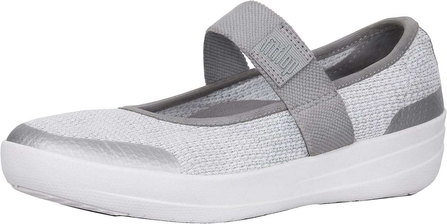 FitFlop Uberknit Mary Janes - Metallic Weave Ballet Flats, Color: Metallic Silver/Urban White, Size: 6 (L28-567-040)