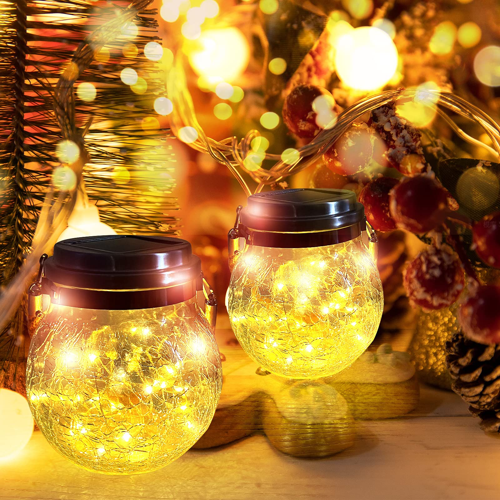 XVZ Lanterne Da Esterno, 2 Pezzi IP65 Impermeabili Lampade Solari Sospese in vetro sferico per Giardini, Cortili, Alberi, Gazebo, Natale, Feste - Bianco Caldo