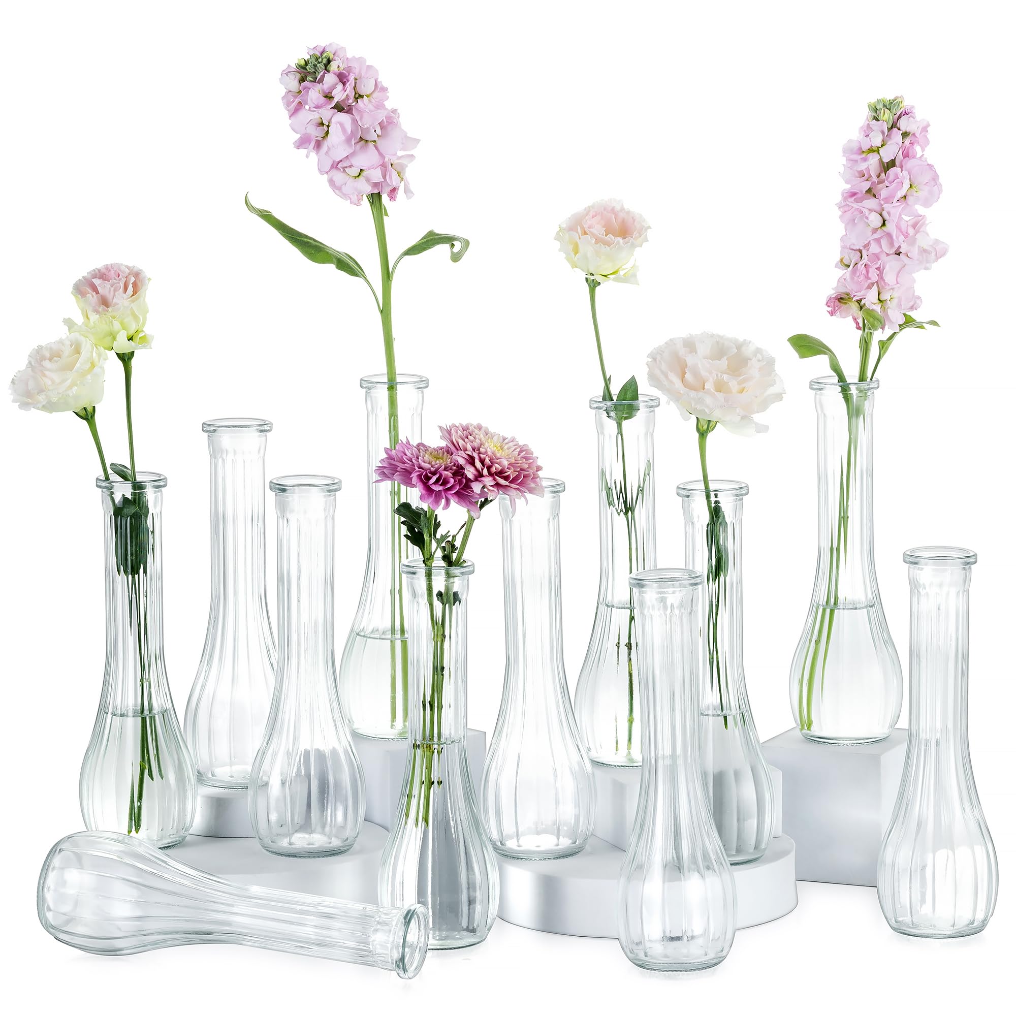 Photo 1 of NUPTIO Glass Bud Vases Centerpiece: 12 Pcs Small Flower Vase for Wedding in Bulk - Cute Clear Ribbed Vase for Party Events Home Table Decor