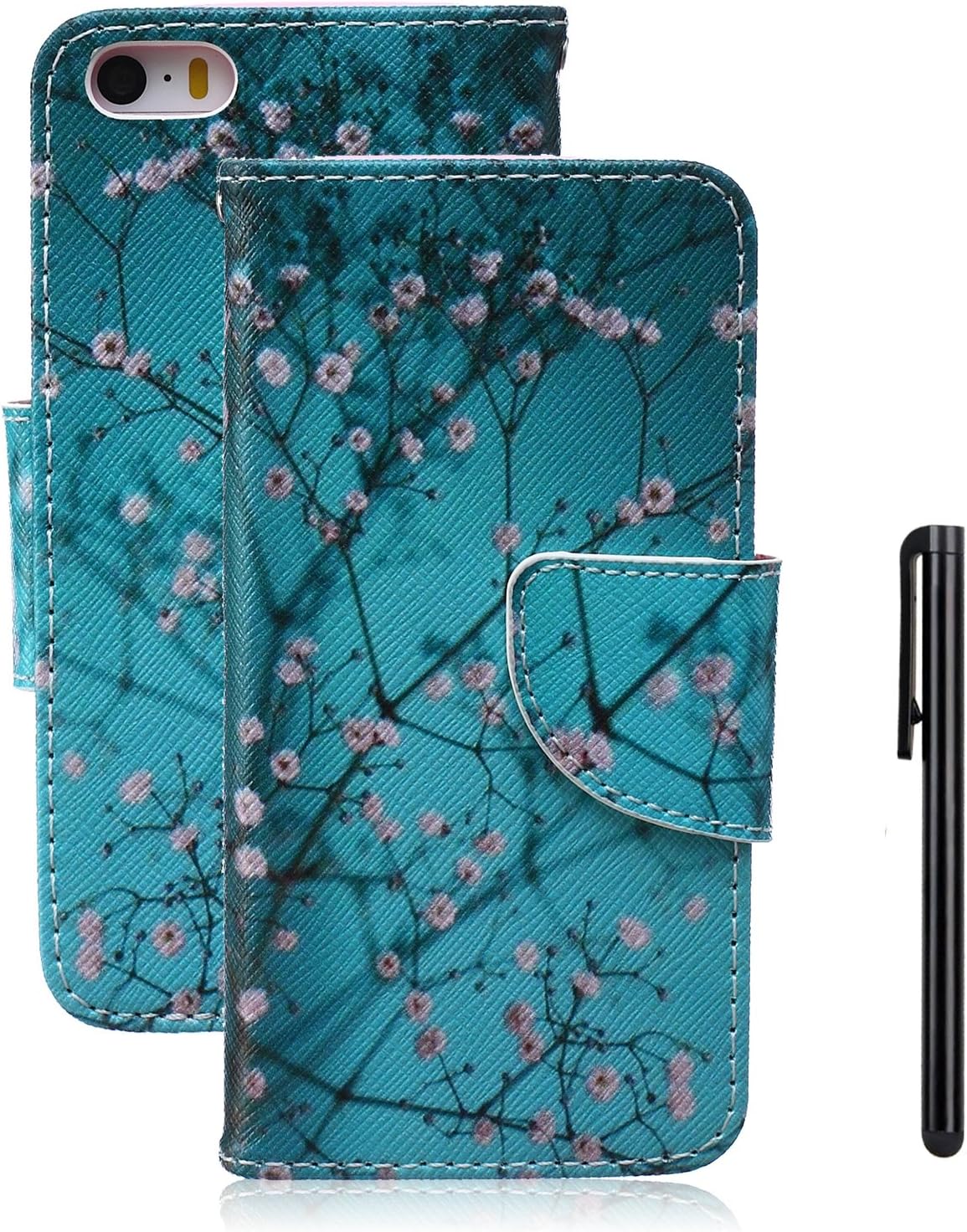 iPhone SE case,iPhone 5S Flip Wallet Case,Tebeyy Premium Blue Flower Tree PU Leather Wallet Case Cover Pouch [Magnetic Closure] with Card Slots for Apple iPhone SE/5S/5,Kickstand,Credit Card Holder,Book Style Flip Wallet with Screen Protector&Stylus