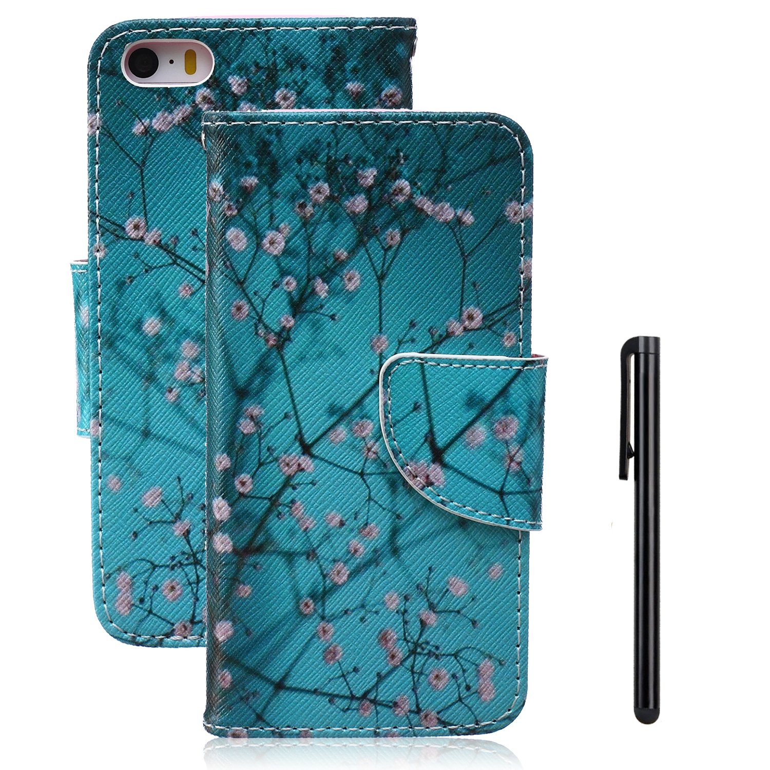 iPhone SE case,iPhone 5S Flip Wallet Case,Tebeyy Premium Blue Flower Tree PU Leather Wallet Case Cover Pouch [Magnetic Closure] with Card Slots for Apple iPhone SE/5S/5,Kickstand,Credit Card Holder,Book Style Flip Wallet with Screen Protector&Stylus