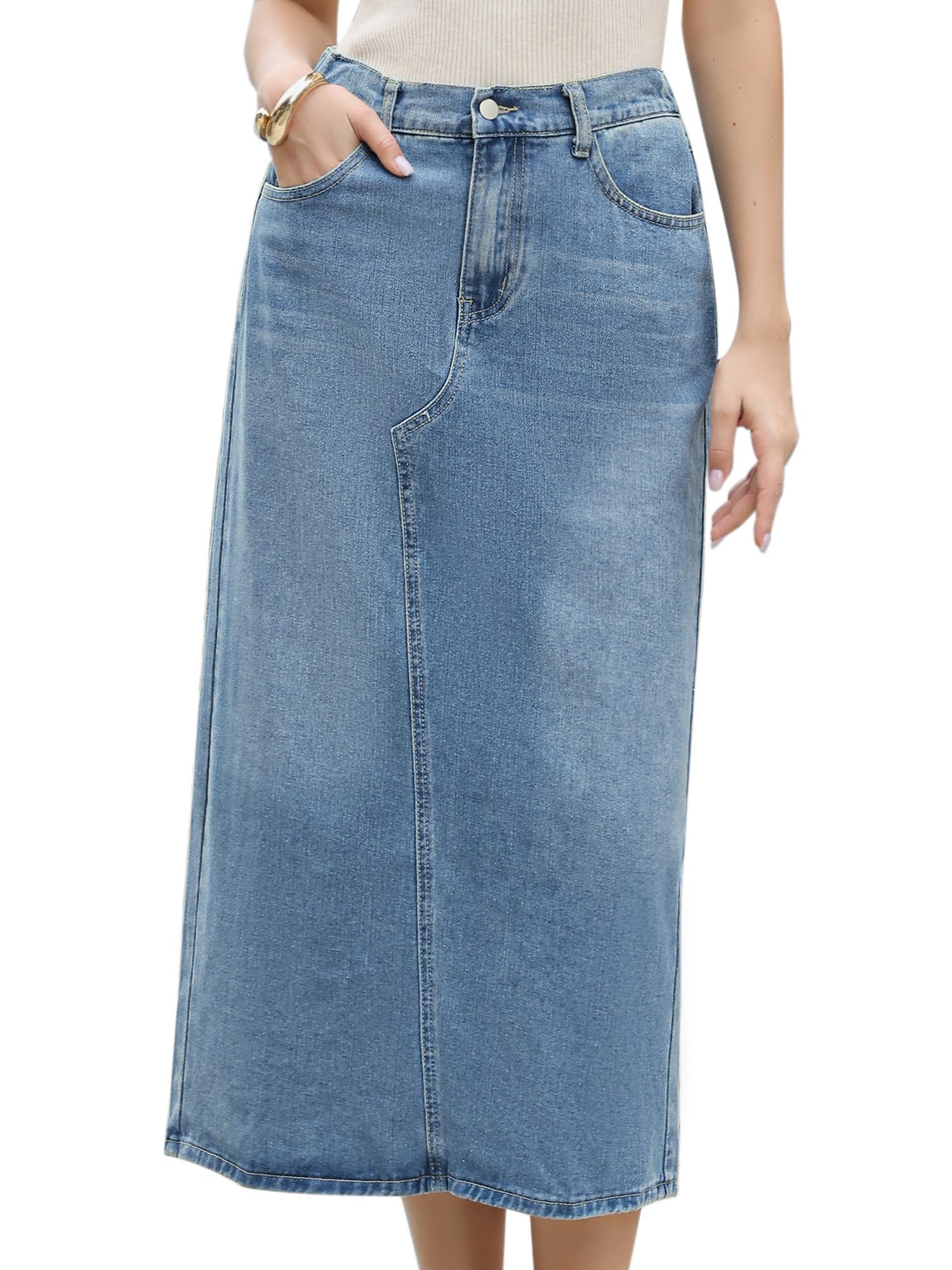Allegra K Femme Jupe Longue en Jean Fendue Dos Taille Haute Coton Polyester | Fente Dos Longueur Maxi Taille Haute Ceinture Souple Coupe H Ligne Tenue Cowboy de L'ouest