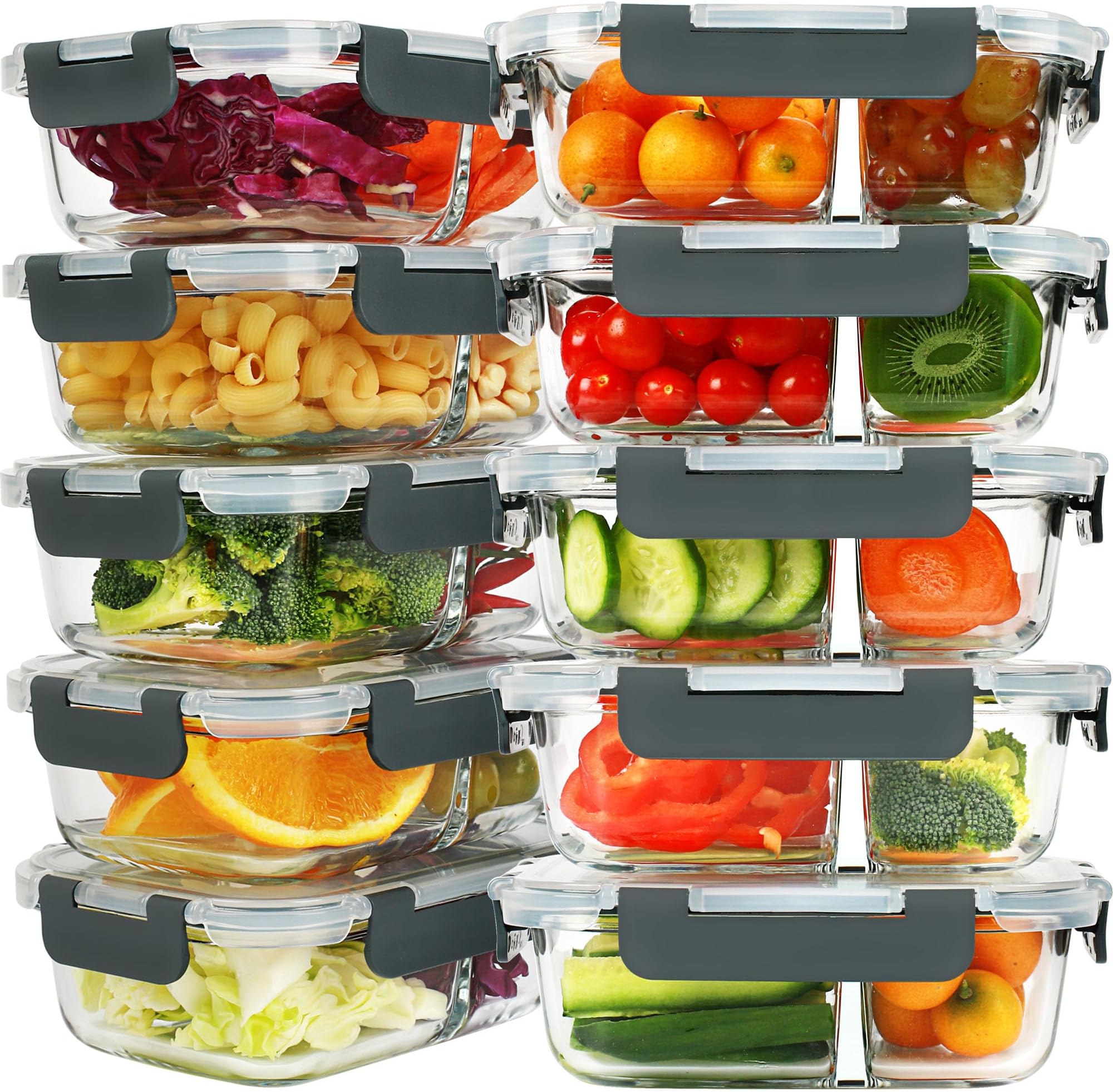 Meal Prep Containers - 2 Compartments with Glass Bowls with Lids, Food Storage Containers Dividers Airtight Lunch Containers, Bento Box for Oven Freezer, 10 Pack