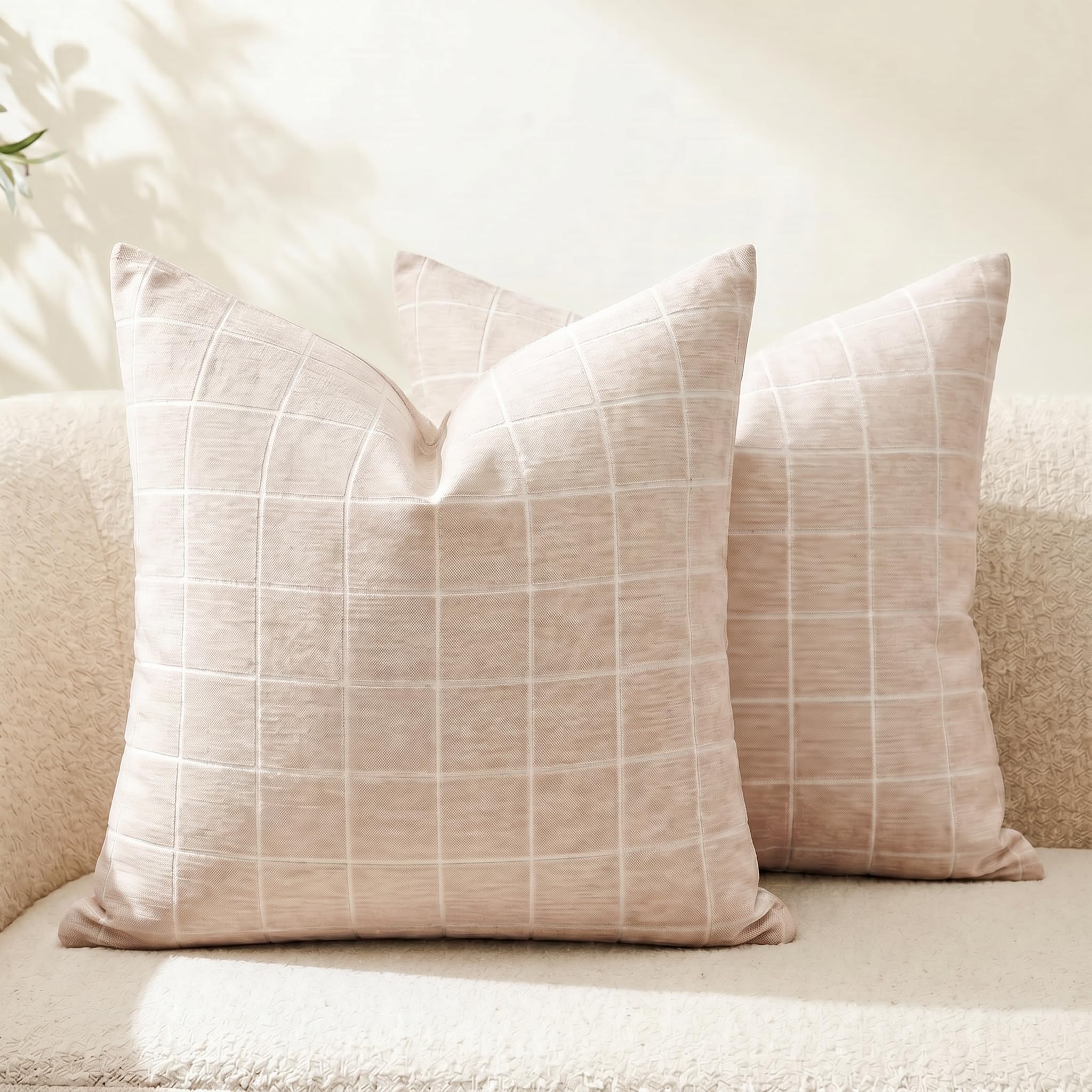 Neelvin Set of 2 Cushion Covers 40x40cm(16x16 inch) Chenille Plaid Checkered Decorative Throw Pillows Farmhouse Modern Soft Textured Neutral Style Sofa for Bedroom Living Room Beige