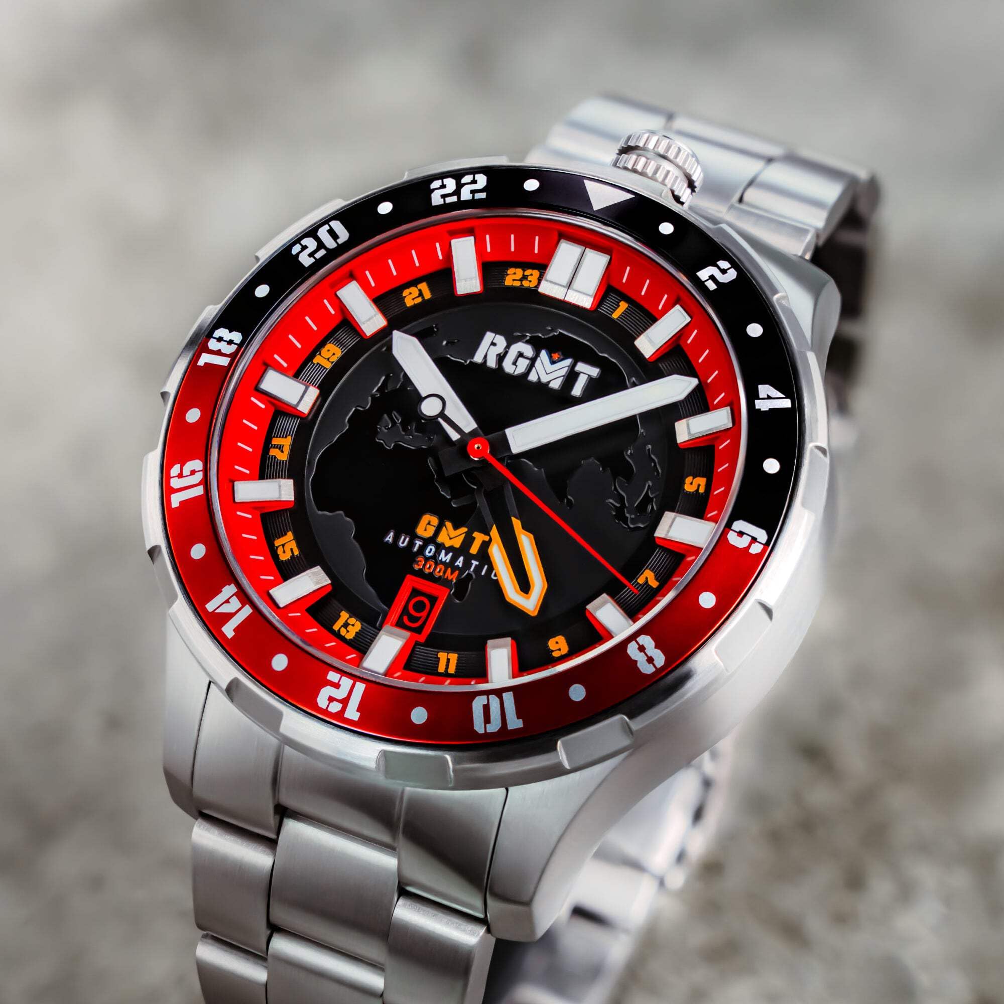 RGMT Globemaster GMT Orologio automatico da uomo, 46 mm, con cinturino in acciaio inox massiccio RG-8067