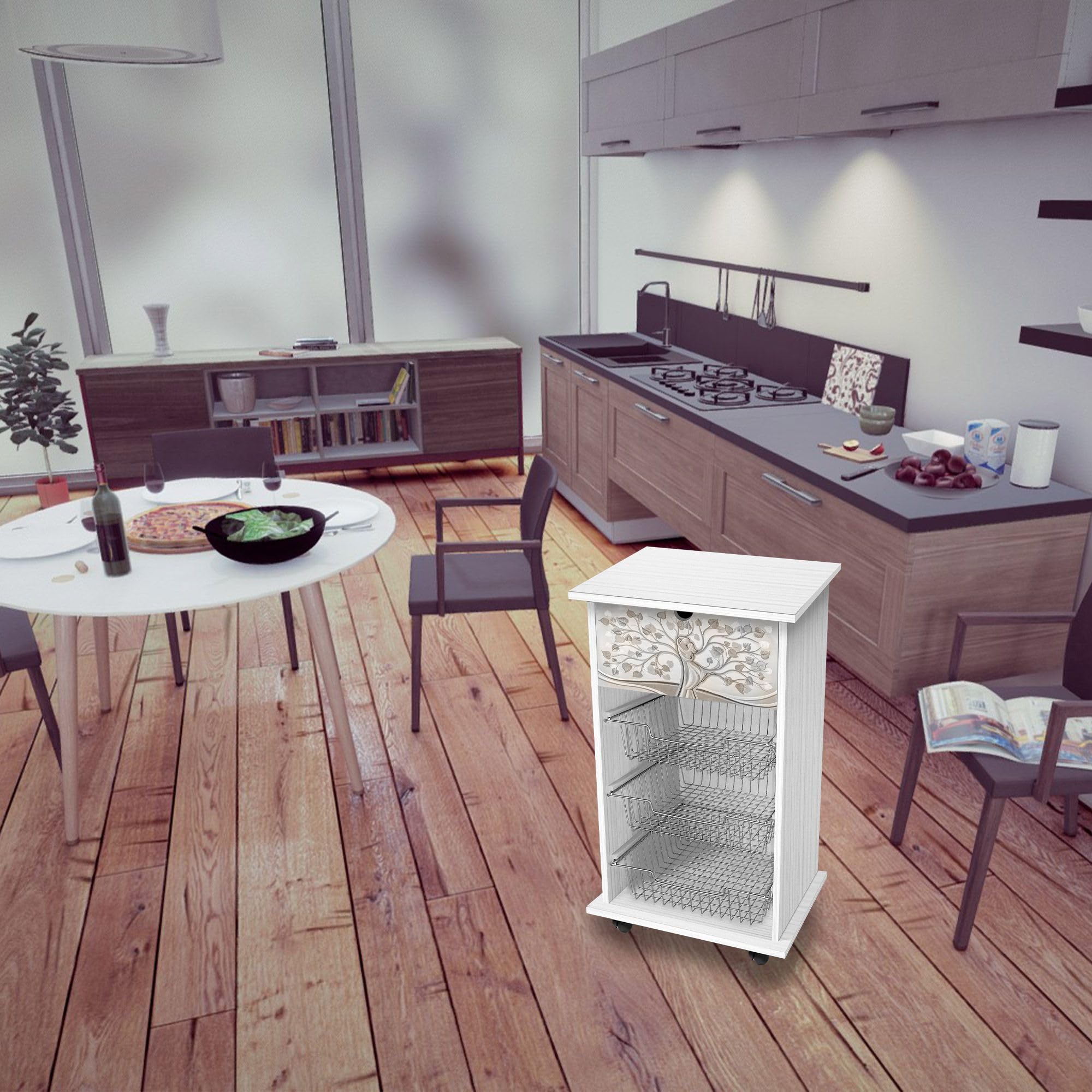 Lupia - Carrello Cucina Multifunzione Bianco WHITE ALBERO ABBRACCIO, Portafrutta Ruote Piroettanti, Piano di Appoggio, tre Cestelli Estraibili in Acciaio, Legno 40X45H85 cm montato