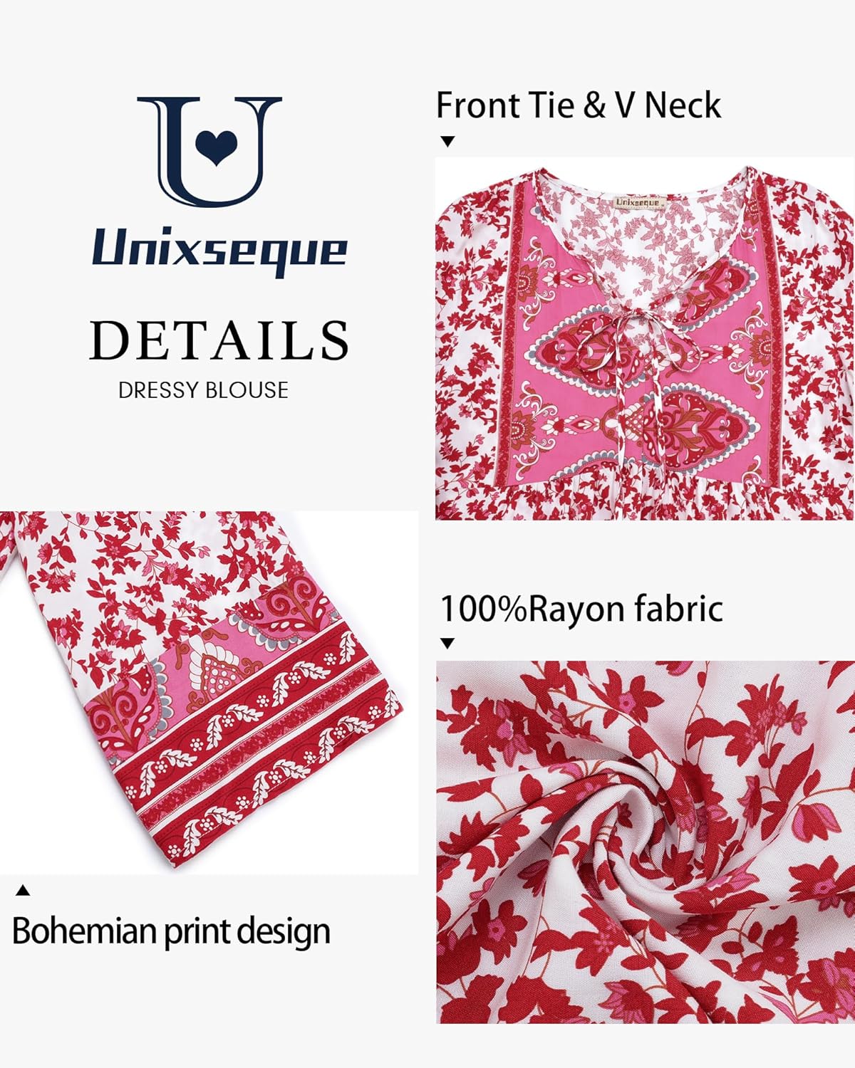 Unixseque Summer Boho Womens Tops Floral Print Dressy Casual V-Neck Tie Front Trendy Fall 3/4 Sleeve Blouses - Image 4