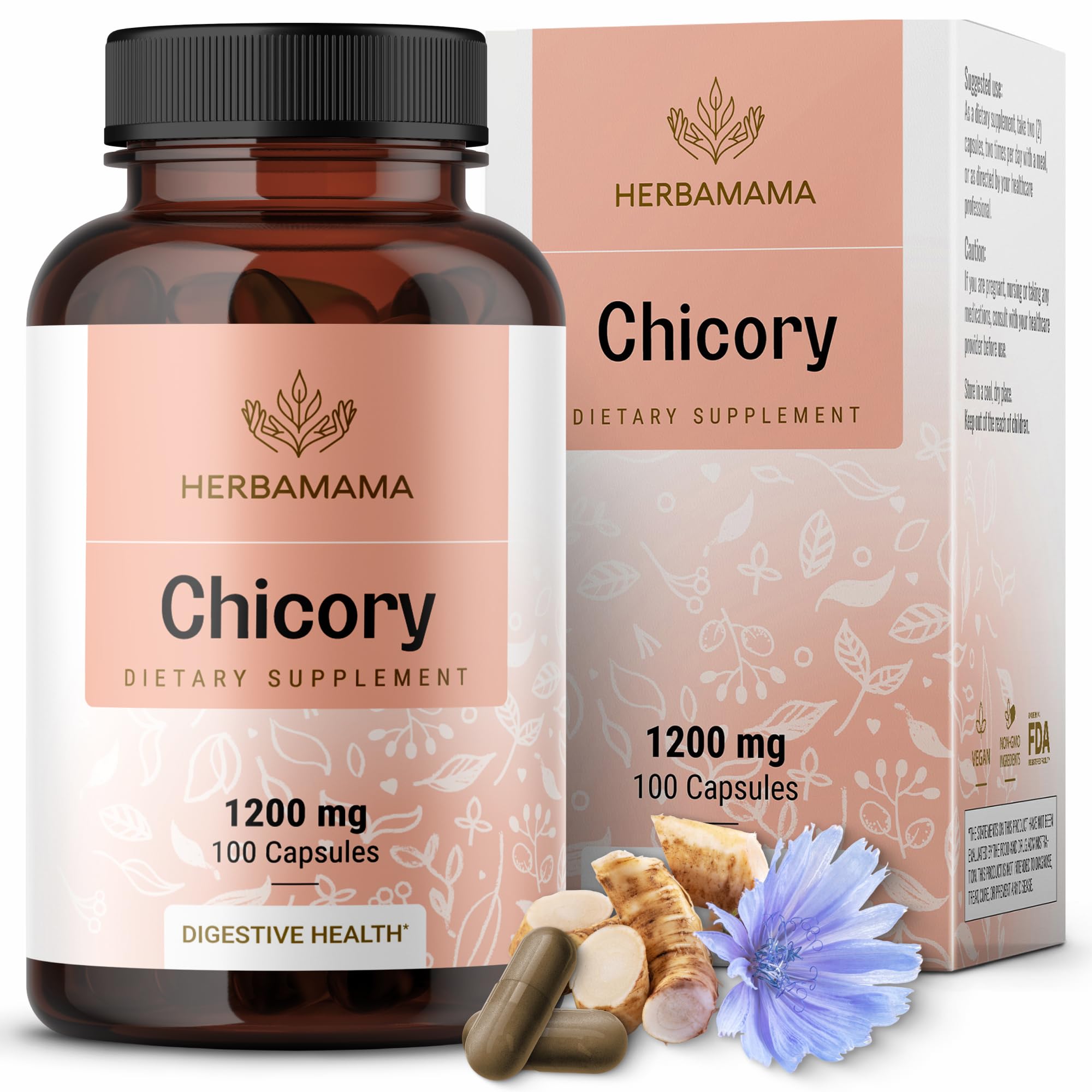 HERBAMAMA Chicory Root Fiber Capsules - 1200mg Chicory Root Powder for Gut Cleanse & Digestive Support - Vegan, Non-GMO Inulin Prebiotic Fiber Supplement
