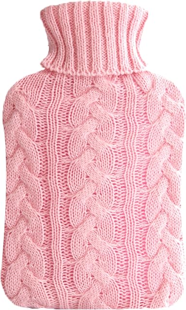 Samply Hot Water Bottle with Knitted Cover, 1L Hot Water Bag for Children, Hot and Cold Compress, Hand Feet Warmer, Neck and Shoulder Pain Relief,Pink