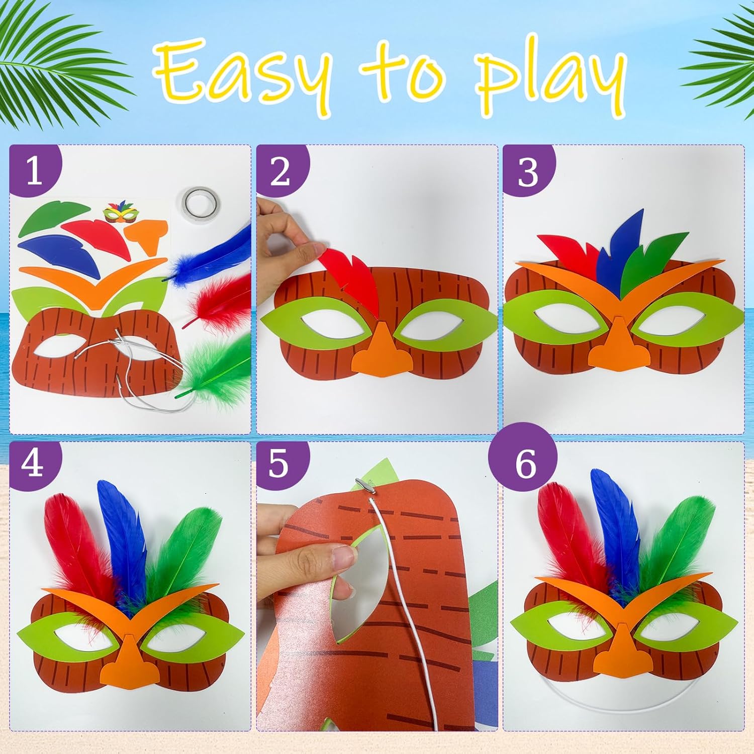 Cinrobiye 24 Pack Luau Party Crafts DIY Tropical Tiki Mask Craft Kit Bulk Hawaiian Summer Beach Party Favors Aloha Night Decorations Maui and Moana Arts and Crafts Dress-Up Supplies