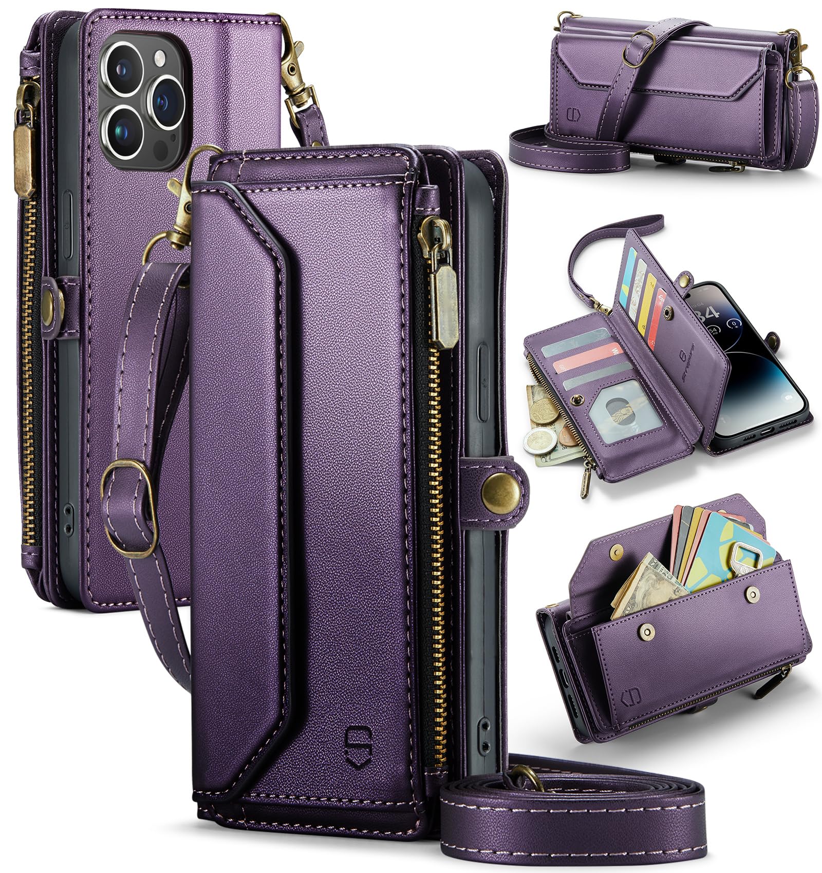 Strapurs Wallet Case Compatible with iPhone 14 Pro Max RFID Blocking 10-Card Holder Soft PU Leather Magnetic Snap Shoulder Strap Zipper Pocket Phone Case Fit for iPhone 14 Pro Max - Purple