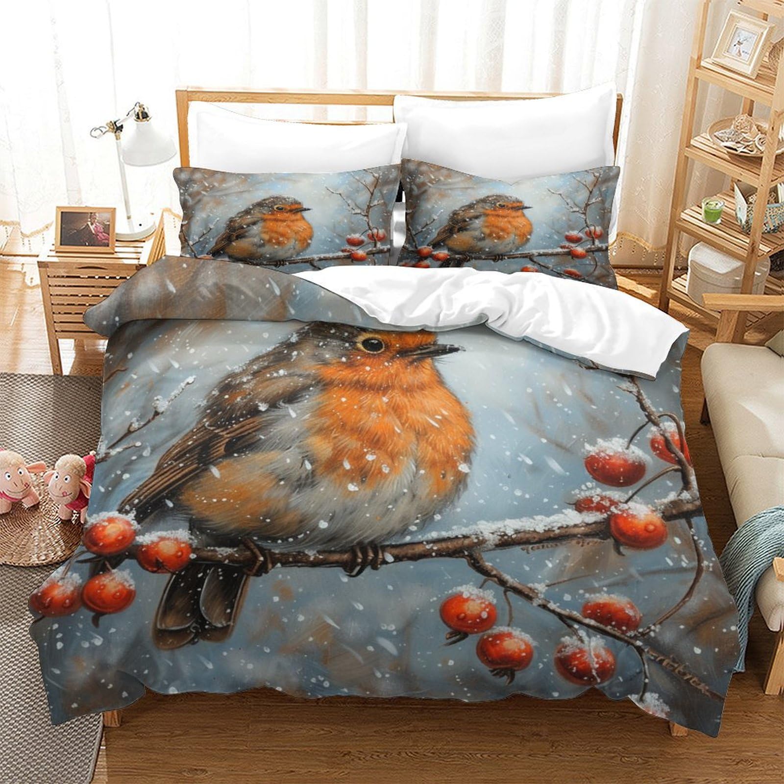 Parure de lit 3 pièces rouge-gorge avec housse de couette 260 x 220 et taies