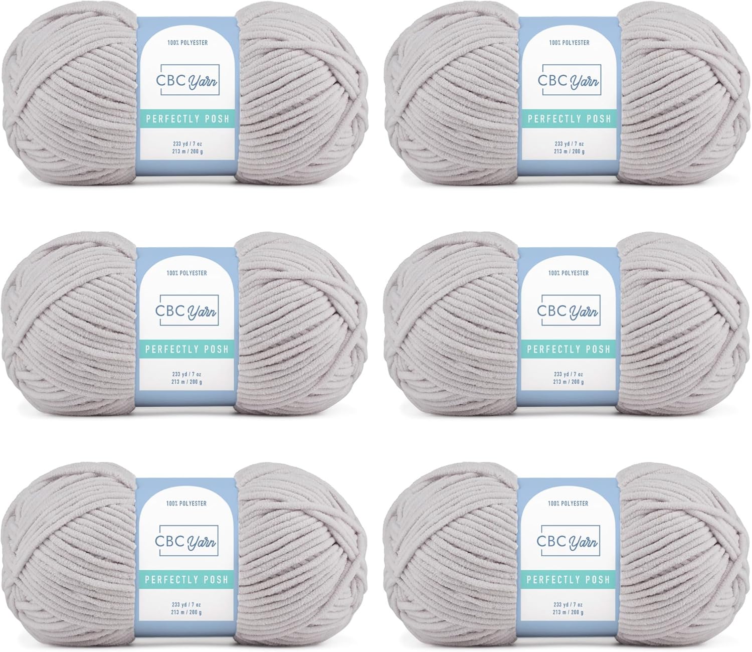 Perfectly Posh Chenille Yarn for Knitting, Crocheting and Amigurumi - 6 Pack (7 oz / 200g, 233 Yards Each Skein), Light Gray, Gauge 5 Bulky