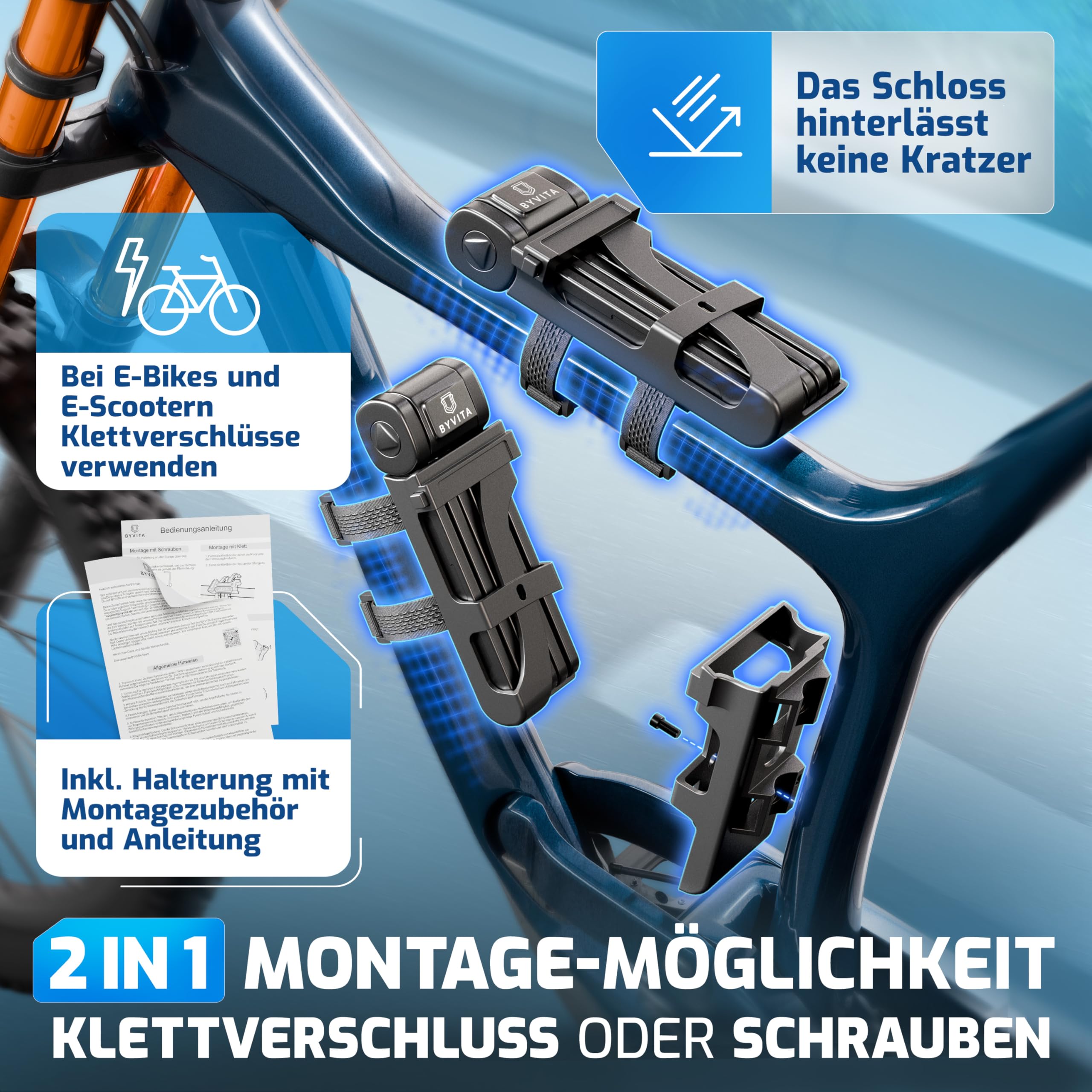 BYVITA Faltschloss Fahrrad 85cm diebstahlsicher inkl. Kabelschloss - Fahrradschloss hohe Sicherheit - Fahrradschloss Faltschloss mit Halterung - Fahrrad Schloß ideal für E-Bike
