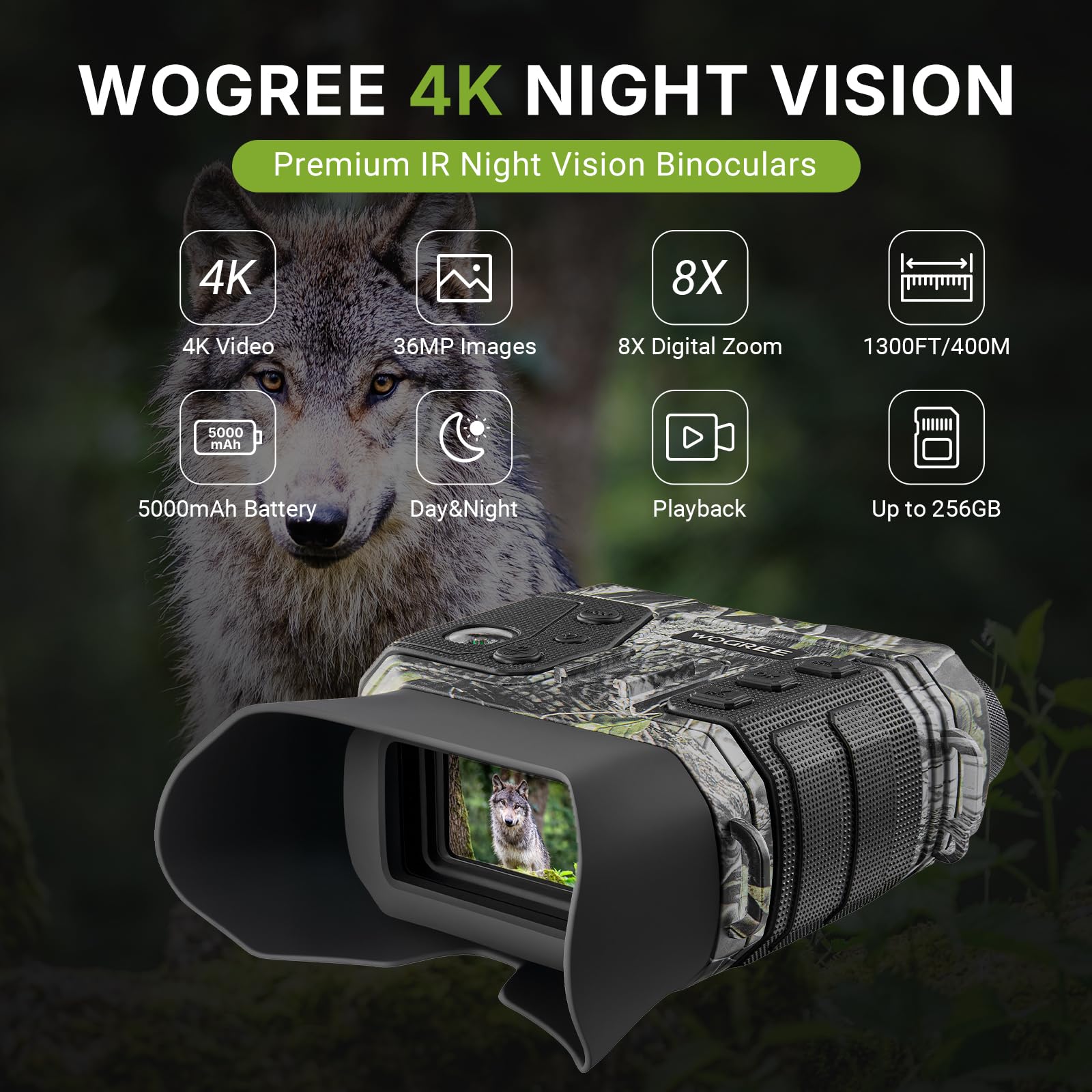 Night Vision Goggles, 4K Night Vision Binoculars for Adults, 36MP, 1300FT Range,8X Digital Zoom, Flashlight & Compass, 5000mAh Battery, Infrared Vision, 32GB Card, for Camping & Security