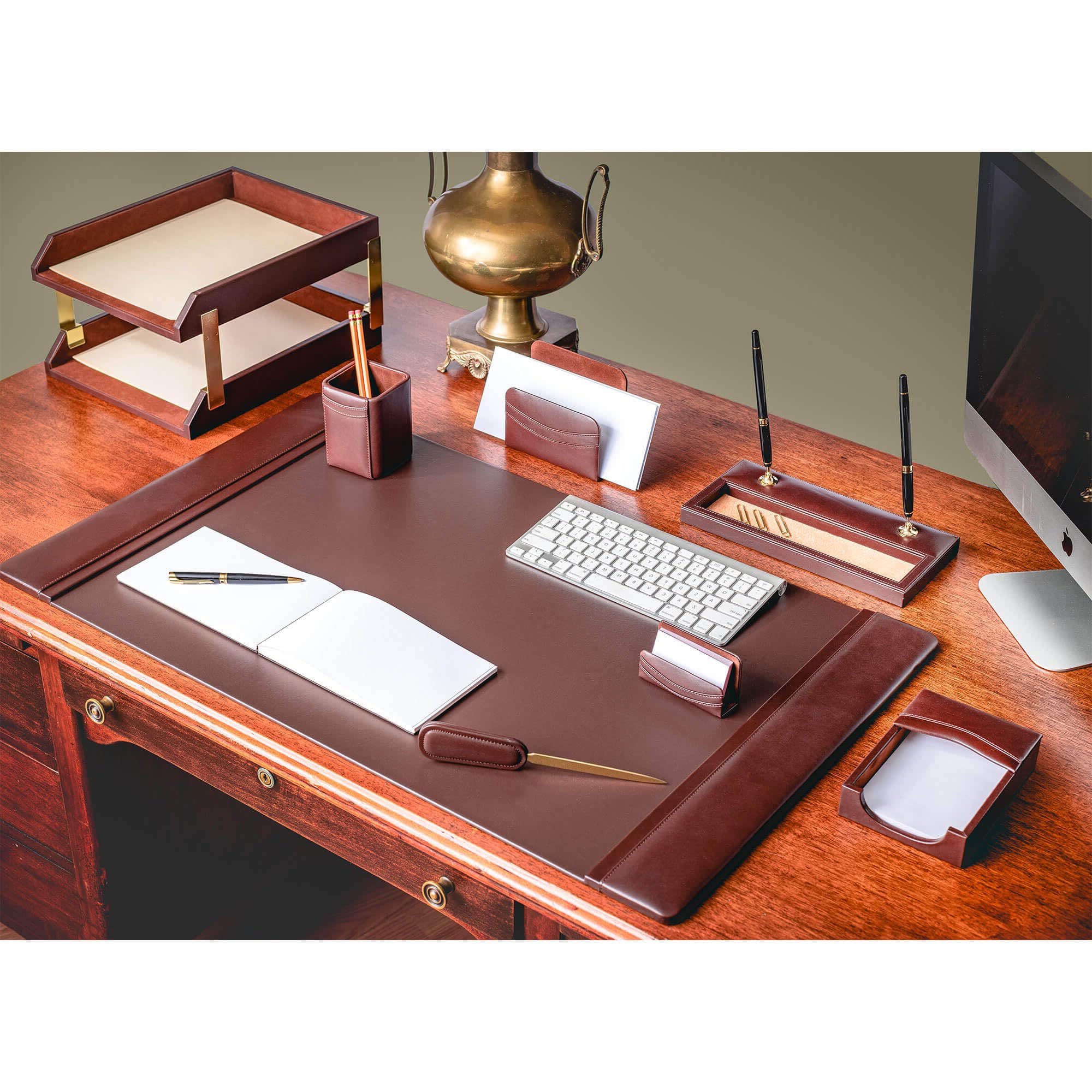 Dacasso Set di accessori da scrivania in pelle marrone cioccolato, 10 pezzi, decorazione da scrivania, 86,4 x 50,8 cm, tappetino in pelle e elementi essenziali per l'organizzazione della scrivania