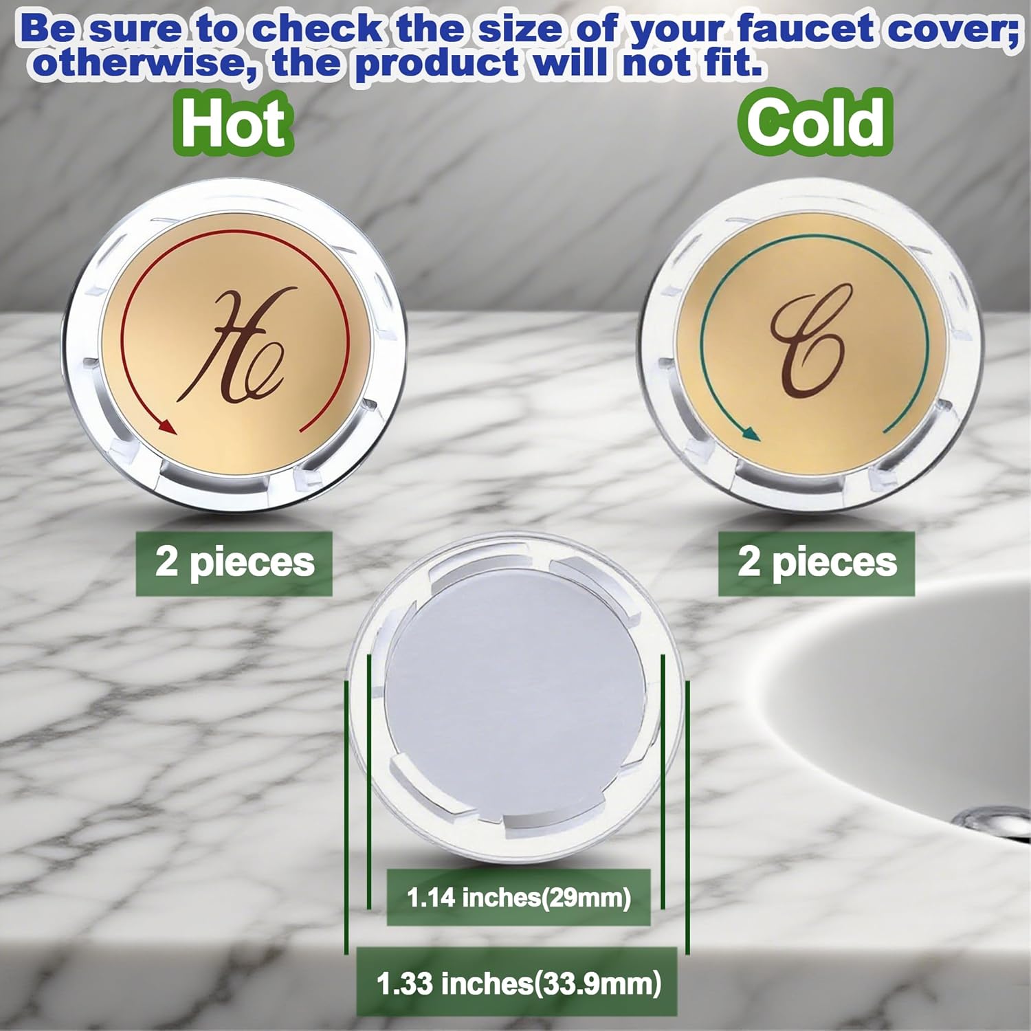 Universal Hot and Cold Faucet Index Buttons, 1.14 inch Inner Diameter Faucet Index Bathroom Sink Handle Buttons, Clear Acrylic with Gold for Delta/LDR/Delex/Peerless Two Clear Handles (4 pack)
