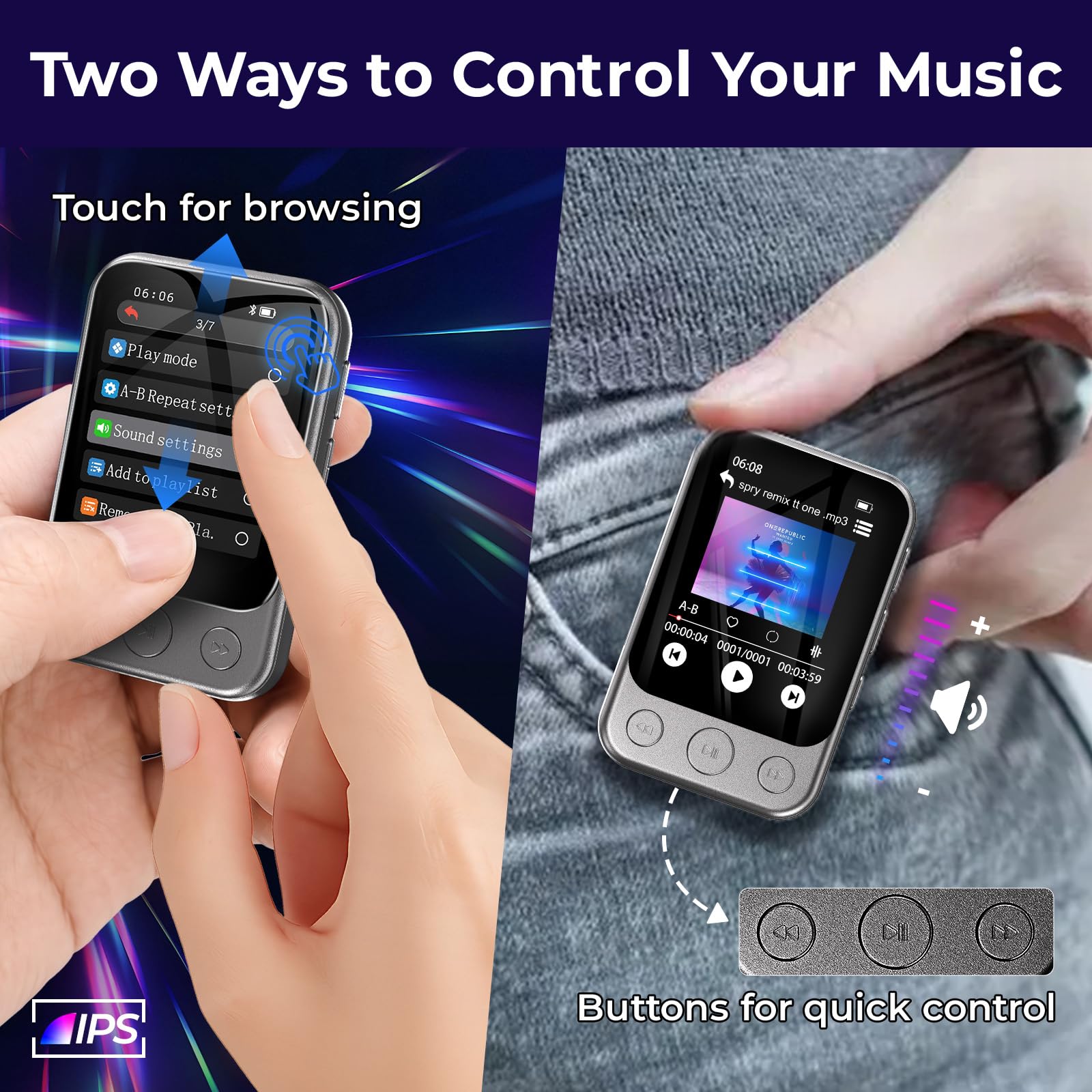 64GB Lettore MP3 Bluetooth 5.3 con Clip e Altoparlante, Lettore Musicale Sportivo con Touchscreen e Tasti, Controllo Volume Indipendente, Radio FM, Registrazione Vocale, Espandibile fino a 128GB | Musica senza smartphone, leggero da 37 g, facile da usare,