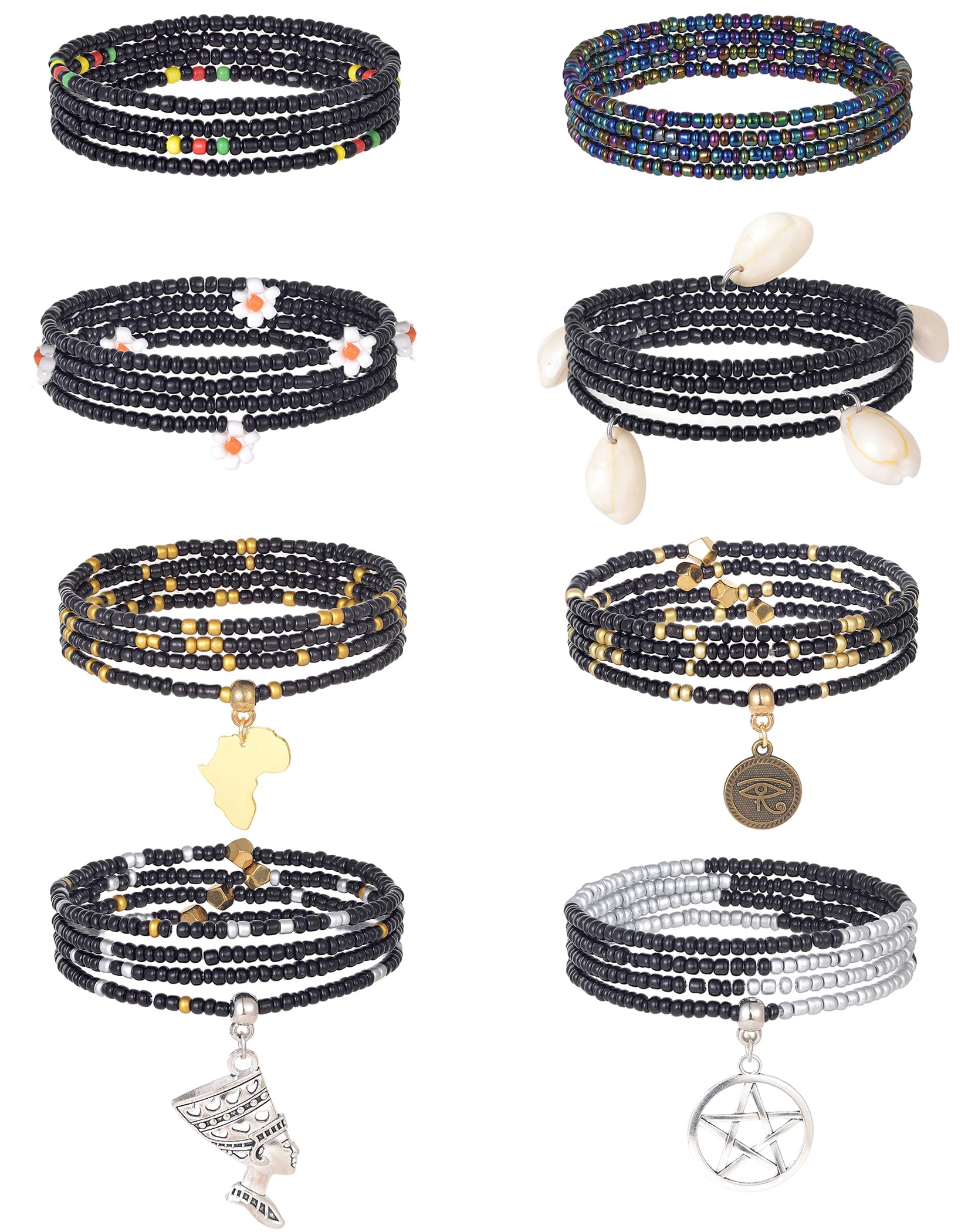 Tornito 8Pcs 31.5 Inches African Waist Bead Chain Elastic Belly Beads Butterfly Shell Layered Body Chain Colorful Jewelry Accessories for Women