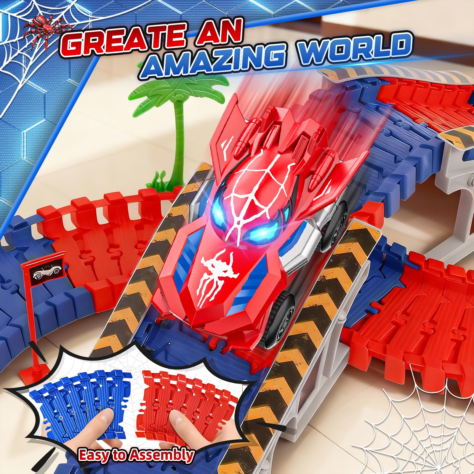 Kssvzz Spider Circuit Voiture Enfant 2 3 4 5 6 Ans, Flexible Circuit de Course Electrique Jouet Garcon, Jouet Cadeau Anniversaire Noël pour Enfant 2-8 Ans (212 PIÈCES)
