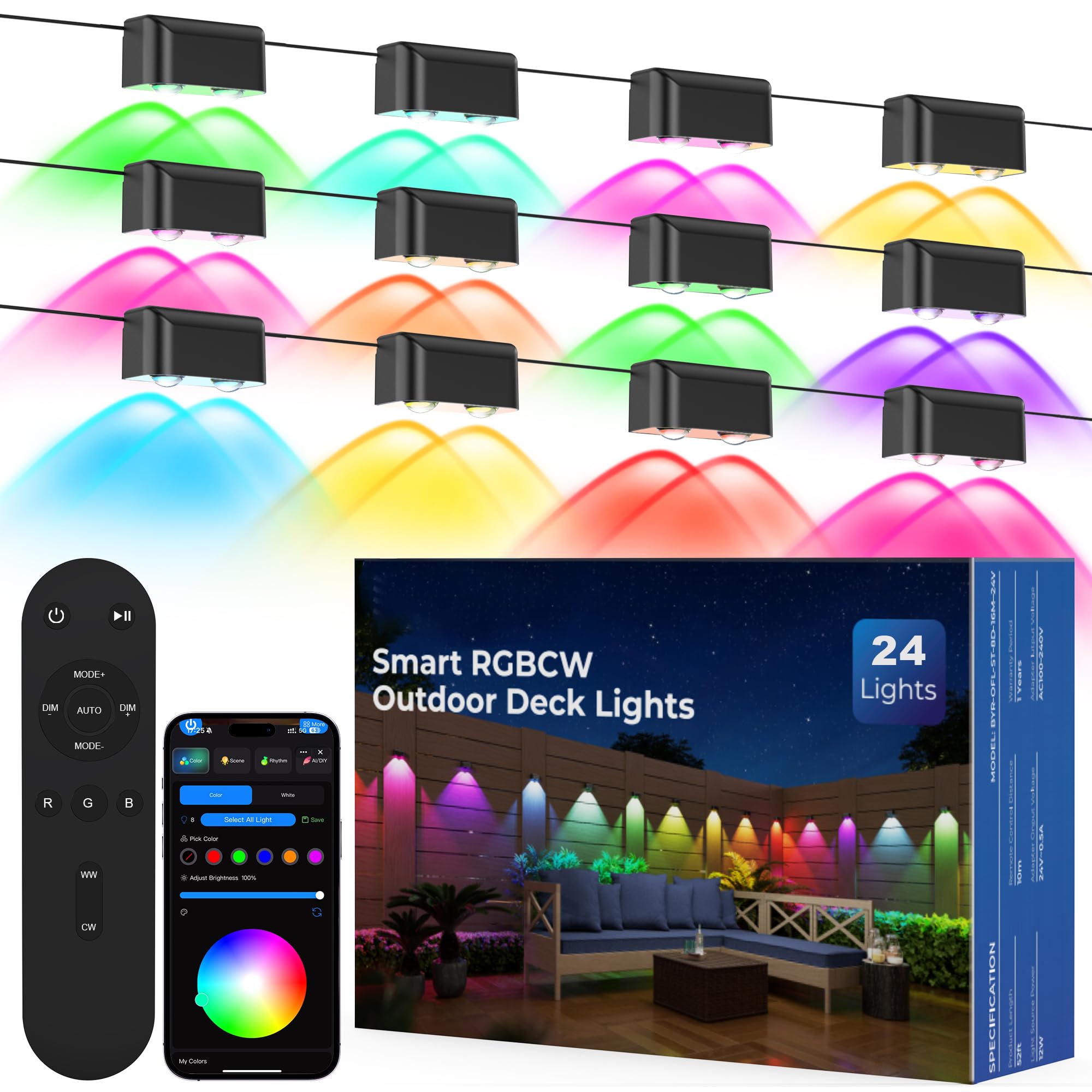 Outdoor Deck Lights, 24 Lights Smart Fence Lights Compatible with Alexa &amp; Google Home, IP65 LED Patio Deck Lighting with Remote, Fence Lighting Music Sync for Patio Yard Garden(157.2ft)