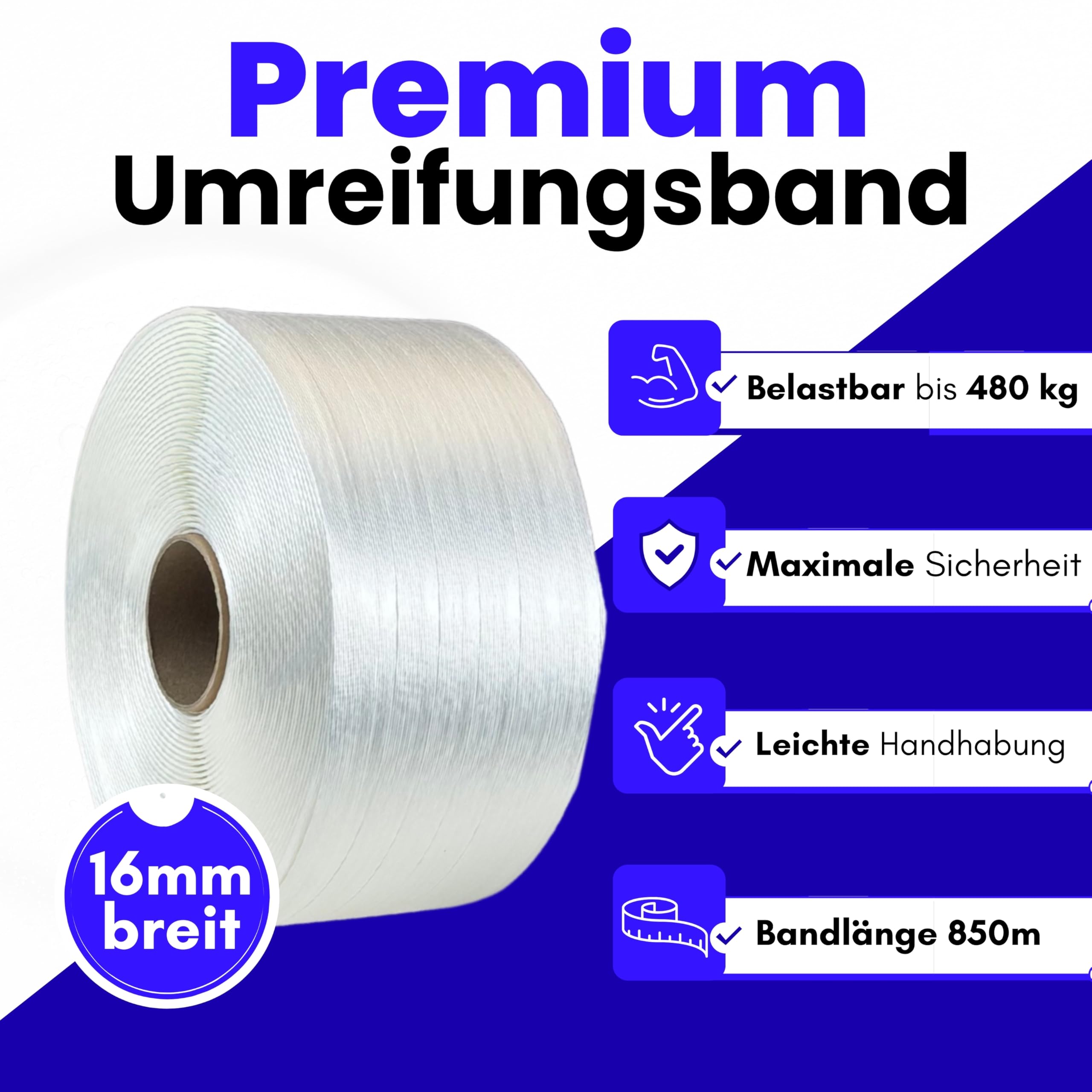 Umreifungsband | Polyesterband | PET-Band für Transportsicherung und Verpackung | Premium Qualität (16mm/850m/480kg)