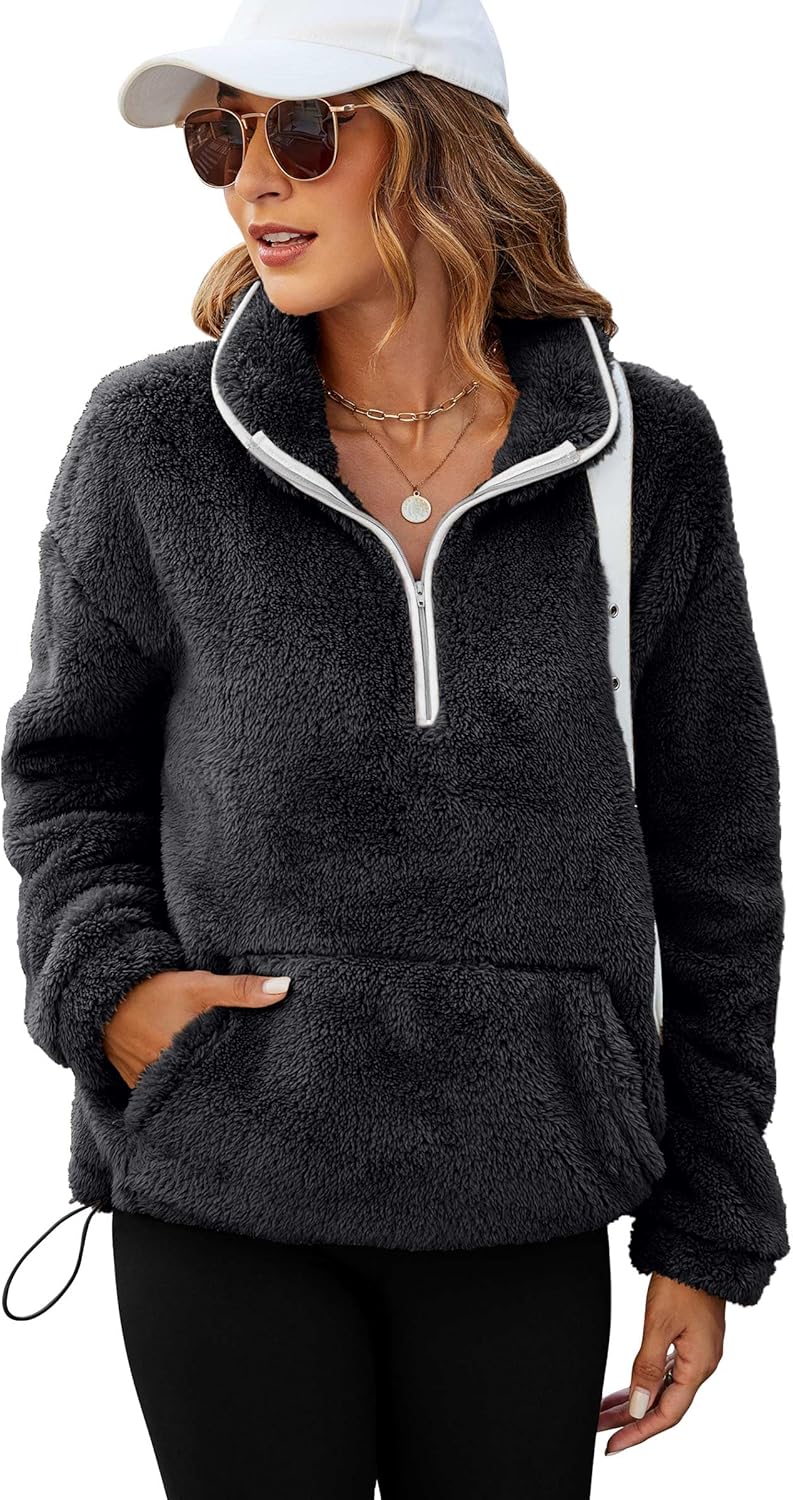 Neineiwu Womens Half Zip Fleece Pullover Fuzzy Oversized Sweatshirts Sherpa Polar Long Sleeve Hoodies With Pockets - Image 4