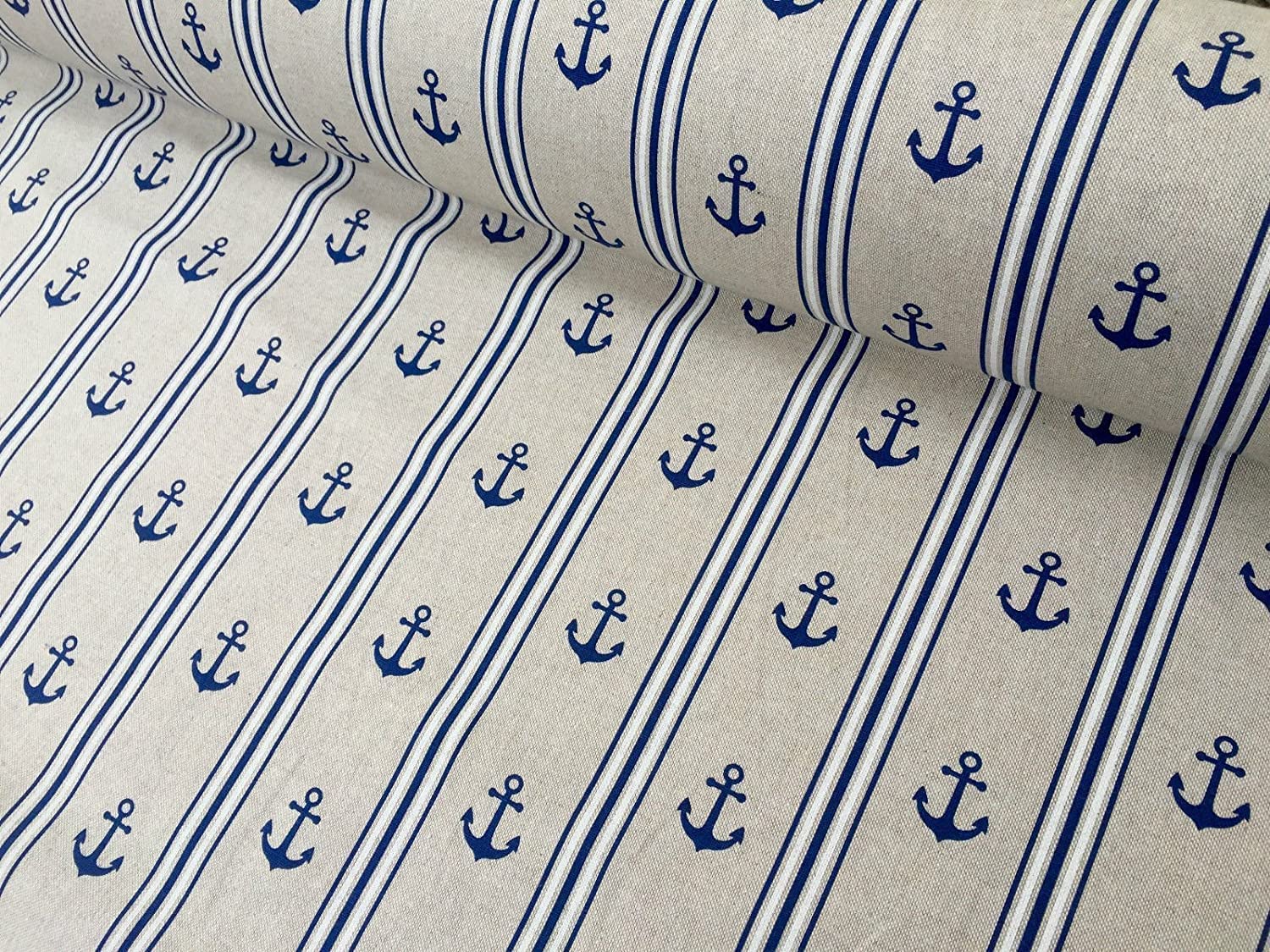 Marine Anchor Stripe Print Fabric - Curtain Upholstery Material - 140cm Wide - Navy Blue & White (1 Metre) - Image 2