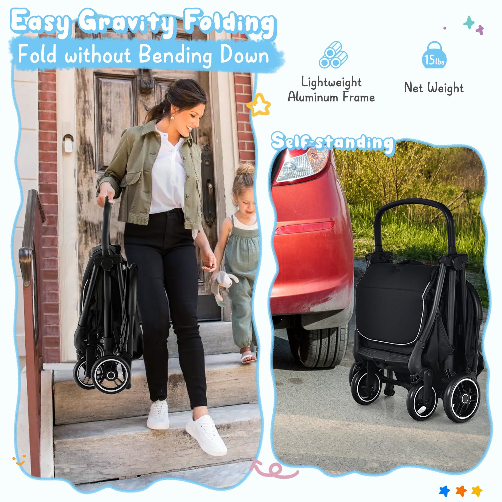 HONEY JOY Lightweight Baby Stroller, Compact Travel Stroller for Airplane, Fits Airplane Cabin & Overhead, One-Hand Gravity Fold, Self-Standing Toddler Stroller w/Adjustable Backrest/Canopy(Black)