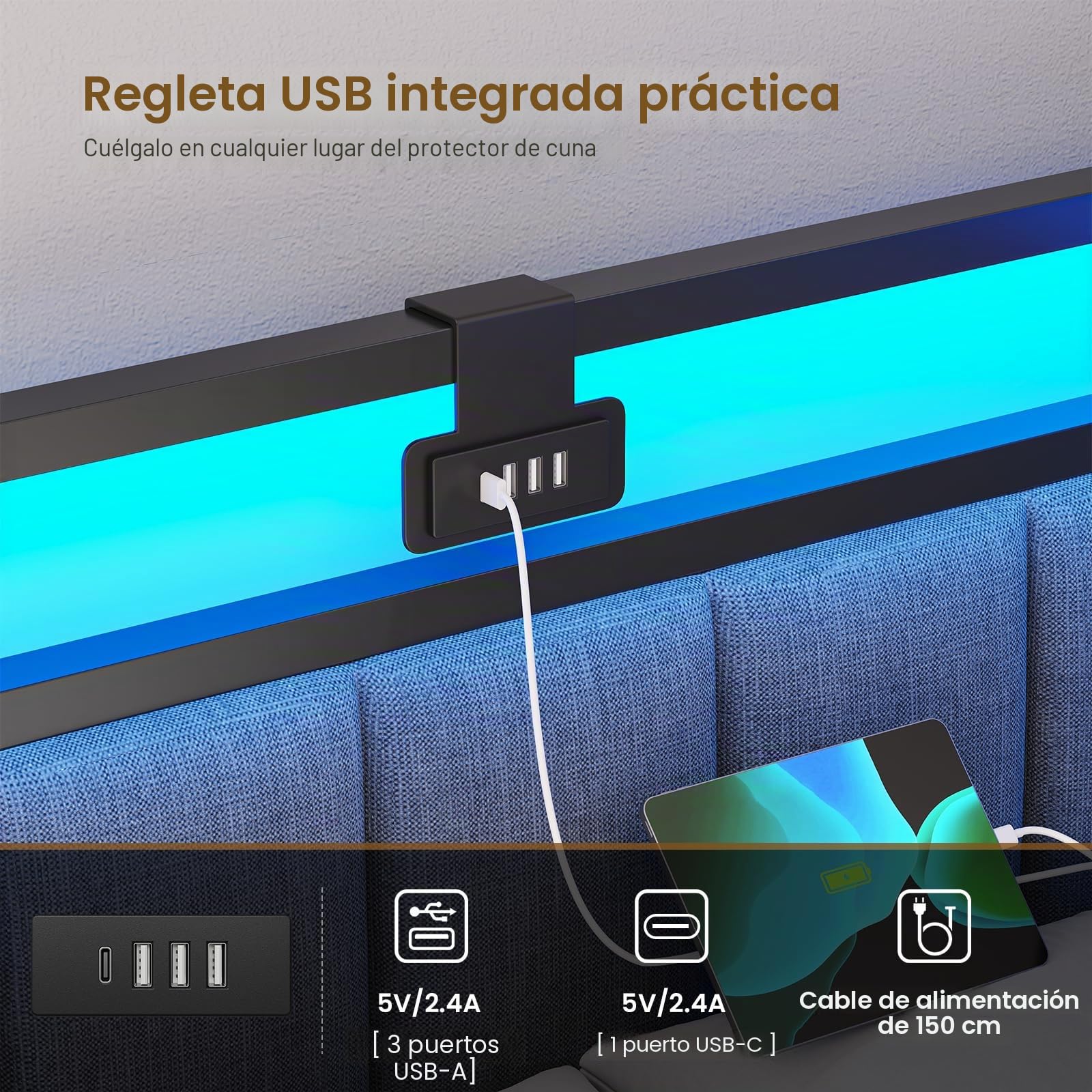 DICTAC Sofá Cama de 90 x 190 con iluminación LED y Toma USB, Estructura de Cama de 90x190 con somier de láminas de Metal, Cama banqueta con Cama Nido y cajones de Almacenamiento para niños, Gris