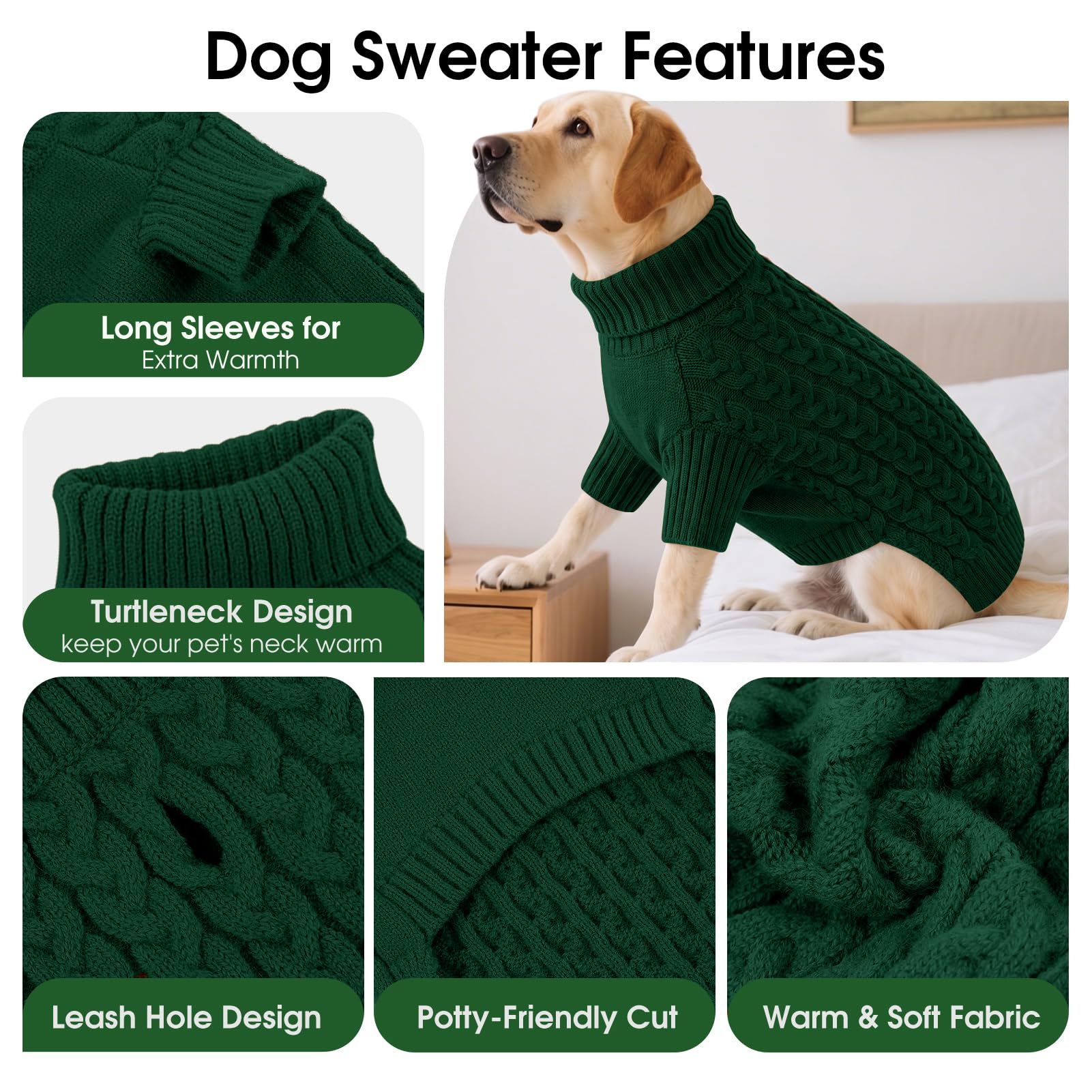 SAWMONG Hundepullover, Hundepullover für große Hunde, Mädchen und Jungen, Rollkragenpullover, gestricktes Hunde-Sweatshirt, Haustierkleidung für kaltes Wetter (Grün, Größe XXL